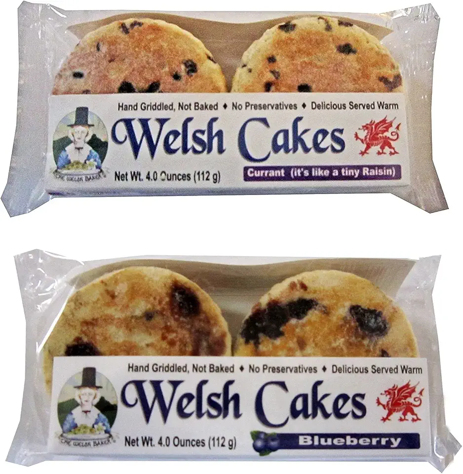 Welsh Cakes by Welsh Baker - 2 Flavor Variety Box - 8 Cakes in All - 4 cakes per Package - Currant and Blueberry