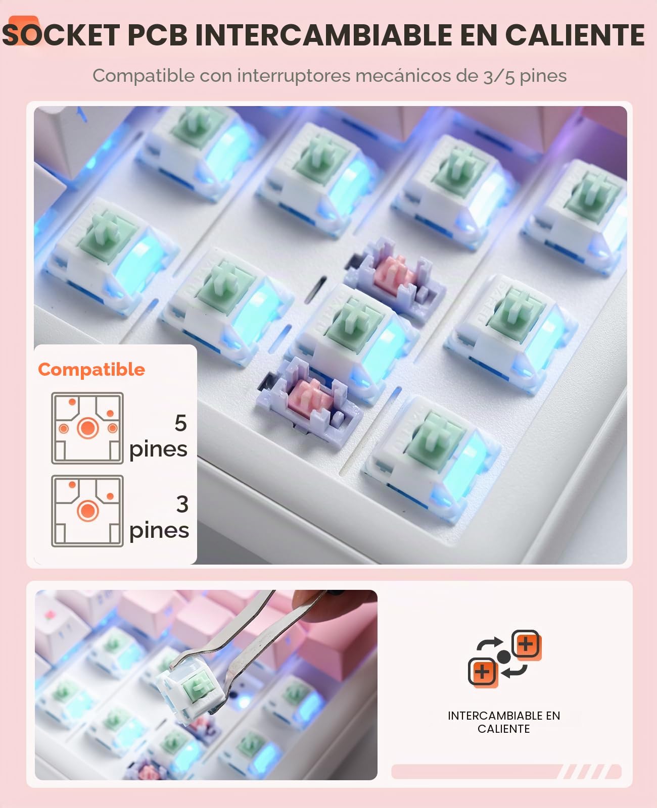 DAREU EK98PRO Sakura Rosa Teclado mecánico inalámbrico, Teclado Gaming con Tres Modos BT/2,4 GHz/USB-C, interruptores lineales prelubricados, personalización Intercambiable en Caliente para Win/Mac