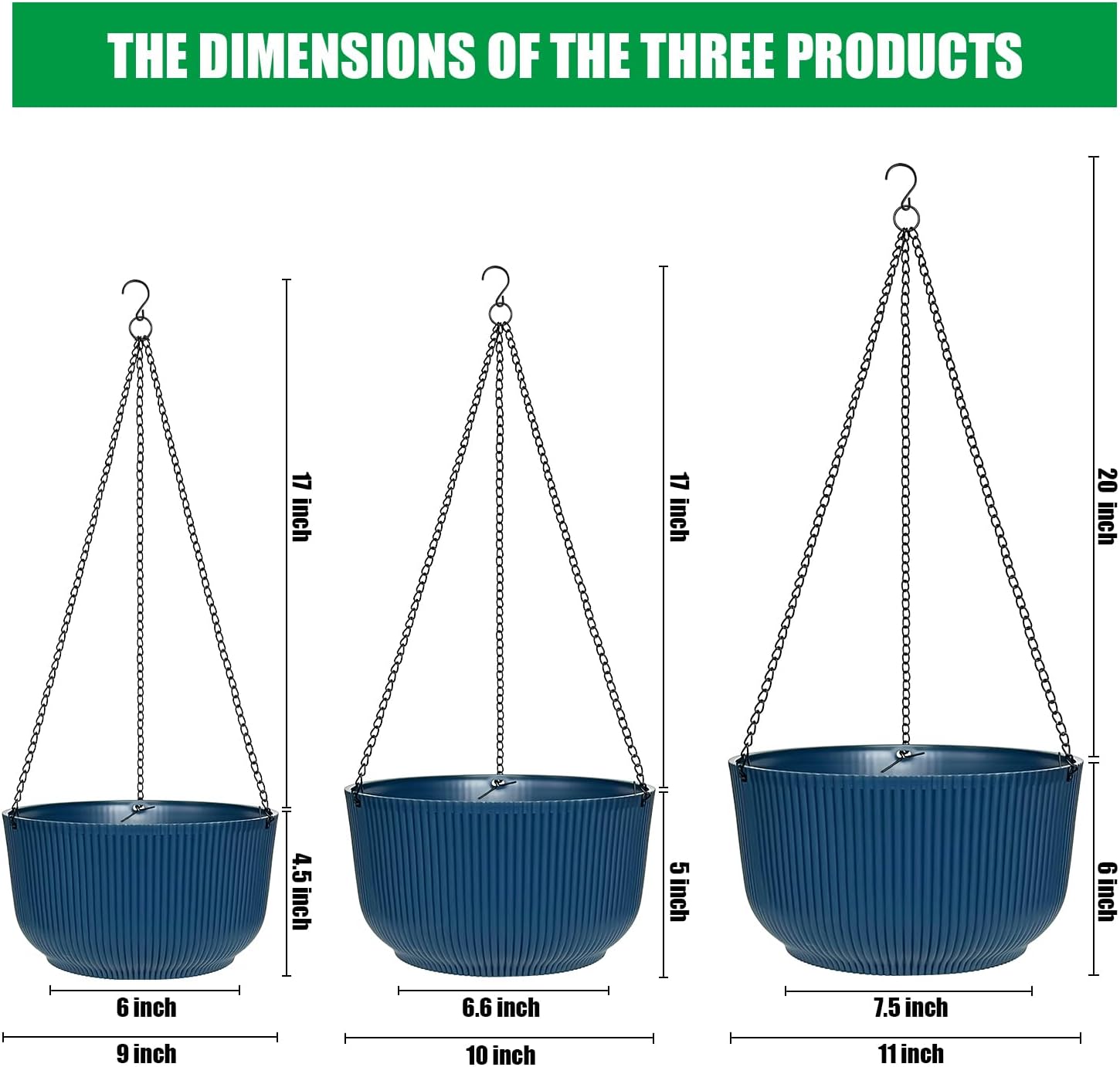 RooTrimmer Hanging Planters 9/10/11 Inch for Indoor Plants, 3 Pack Plant Hanger Outdoor with Drainage Holes, Self Watering Hanging Basket Flower Pot for Garden Home Decor, Dark Blue