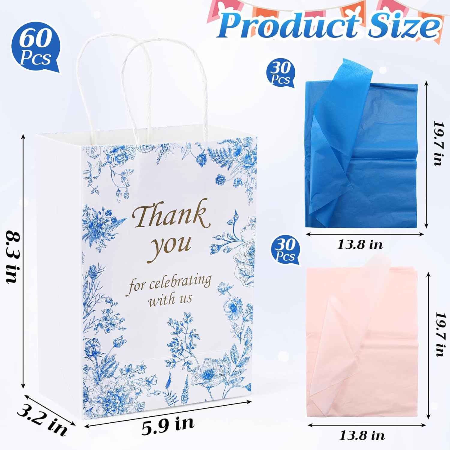 Tenceur 60 Pcs Blue Floral Gift Bags Bulk Wedding Bridal Gift Bag with Tissue Paper Party Favor Thank You Bags 5.9 x 3.2 x 8.3 Inch with Handle for Weddings Welcome, Bride Showers, Engagement Party - Image 3