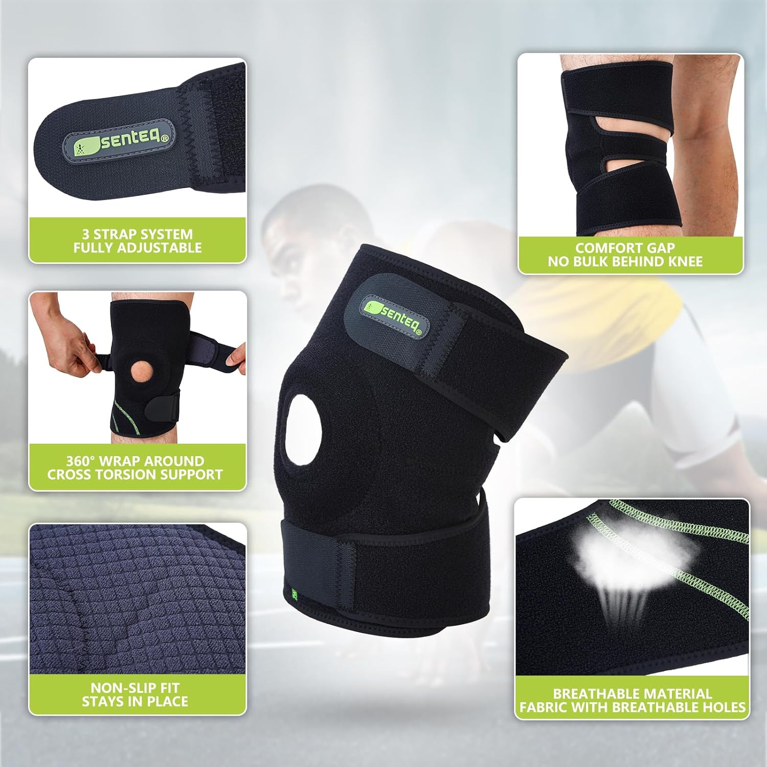 SENTEQ Adjustable Knee Brace - Best Support for Knee, ACL, Patella Tendon & Meniscus Injuries - Athletic Compression Brace for Running & Arthritic Joint Support