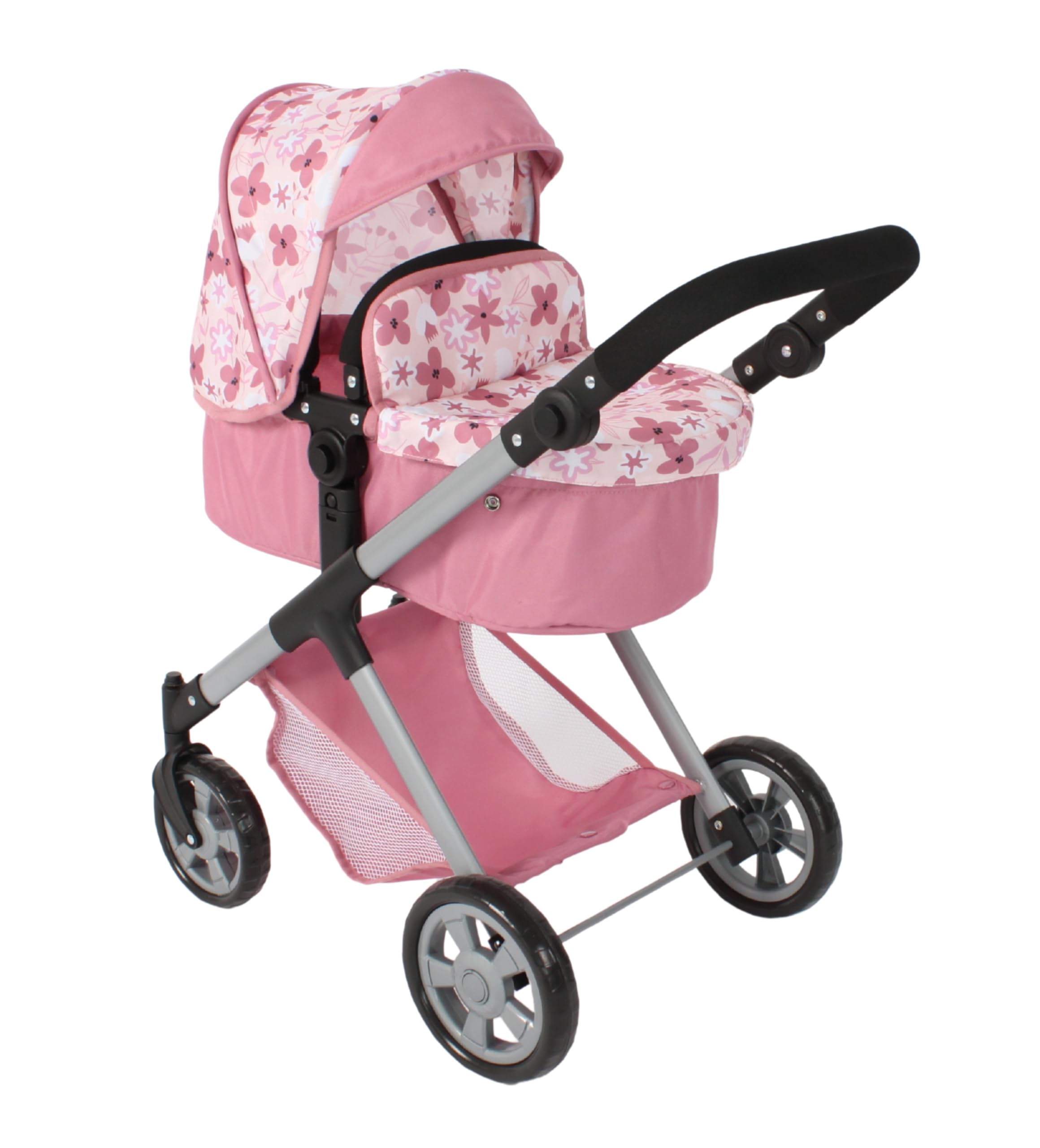 Bayer Chic 2000® 2 w 1 wózek dla lalek Mila – różowy kwiat – uchwyt z regulacją wysokości 39-72 cm – nowoczesny stelaż – lalki do 50 cm – 3-7 J.