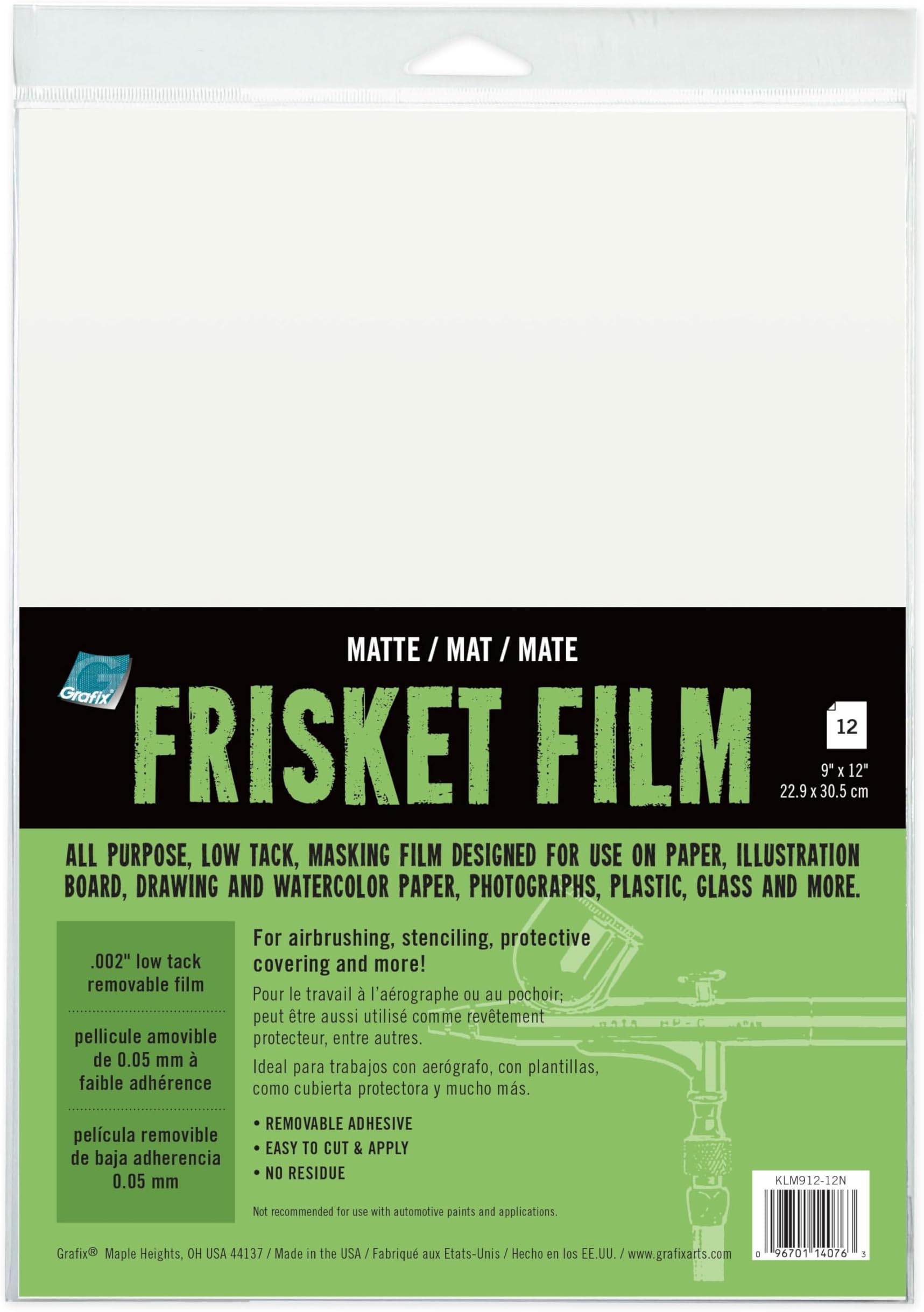 Grafix All Purpose Low Tack Frisket Film Self-Adhering Removeable Adhesive Sheets, for Airbrushing, Retouching, Stencils, Rubber Stamping, Watercolor, and Masking, 9 x 12, Matte, 12 Pack, 9" x 12"