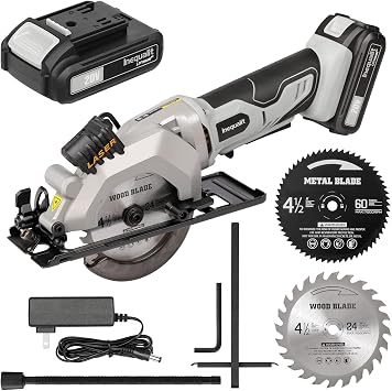Cordless Mini Circular Saw, 4-1/2 Inch 3400 RPM Circular Saw with Laser Guide, Rip Guides, 2 Blades 24T Wood + 60T Metal, Max Cutting Depth 1-11/16" 90, 1-1/8" 45"