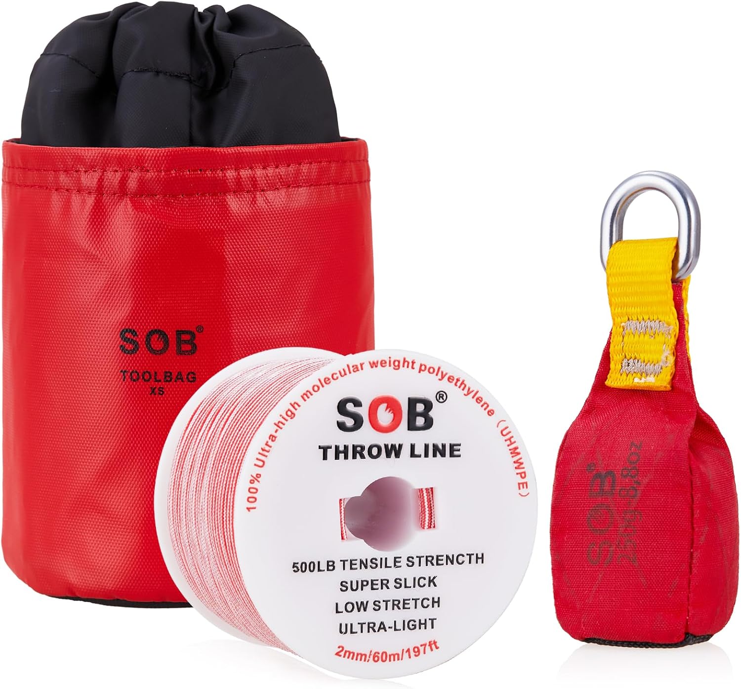 SOB Arborist Throw Line Kit with Slick Rope 197FT, Throw Weight, Reflective Storage Bag, Suit for Tree Cutting,Camping, Trimming, Hanging Swing ﻿ (197FT Rope with 8.8Oz Throw Bag)