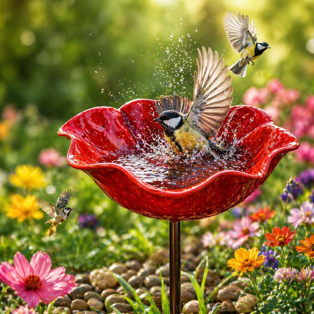Blumen Gartenstecker Vogeltränke– Handgefertigter Metall Gartenstecker als Bienentränke & Vogelbad, Insekten Tränke für Garten – Geschenk zum Muttertag (Grün,5pcs)