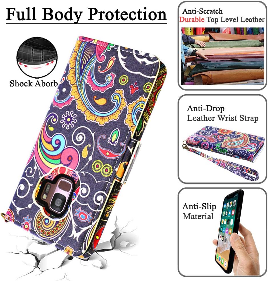 Mefon Galaxy S9 Wallet Case Leather Detachable, Durable Slim, Enhanced Magnetic Closure, with Wrist Strap, Card Slot, Kickstand, Luxury Flip Folio Phone Cases for Samsung Galaxy S9 5.8 (Paisley 1)