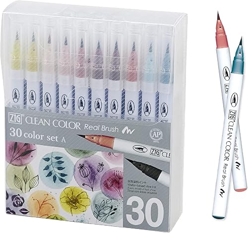 Kuretake ZIG Clean Color Real Brush NUEVO 30 colores con puntas de pincel flexibles, bolígrafos de acuarela para pintar, dibujar, caligrafía y