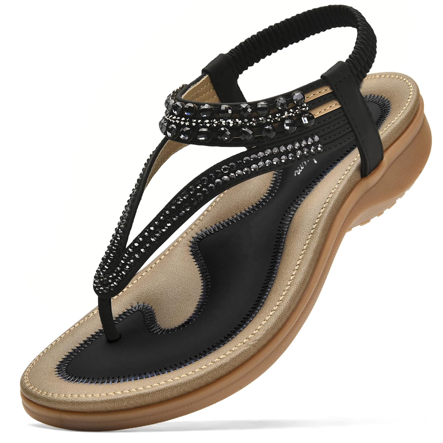 Littleplum Womens Sandals Arch Support Slingback Rhinestone Dressy Sandals Comfort Summer Shoes Ankle Strap Elastic Flats for Beach