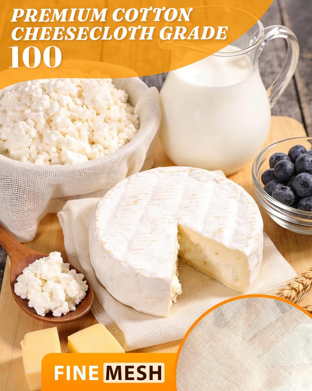 Reusable Cheesecloth 10 Pack Grade 100 Fine Mesh Cheesecloth - 20 x 20 Inch Hemmed Cotton Cheese Cloth for Straining, Filtering, Cheese Making, Greek Yogurt, Almond Milk, Cold Brew & Turkey Roasting