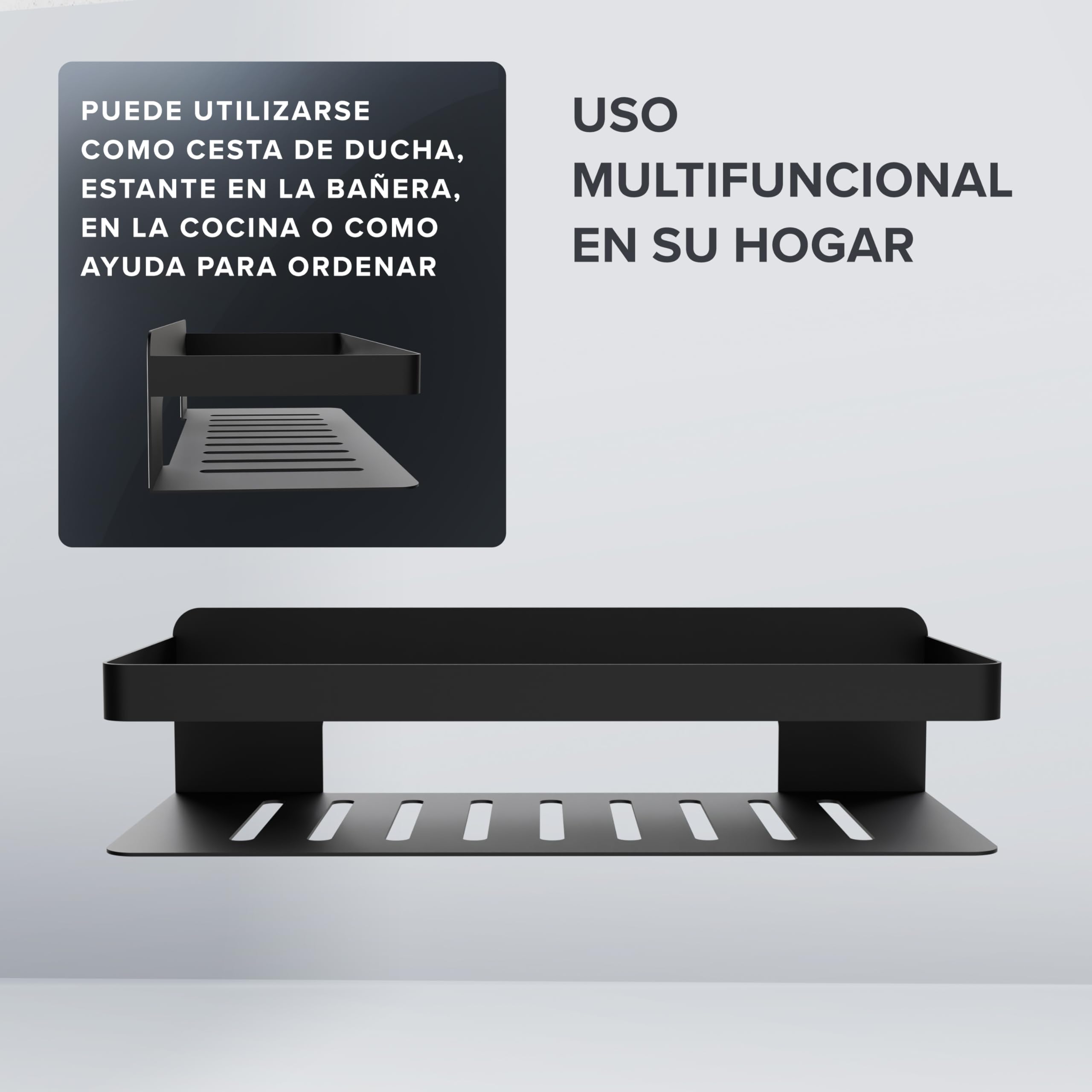Ovimar Cesta de Ducha Rectangular Hinnoya | Negro Mate | Acero Inoxidable | Sin Taladrar | Para Pegar | Plato de Ducha | Ahorra Espacio | Para Bañera | Guarda Gel