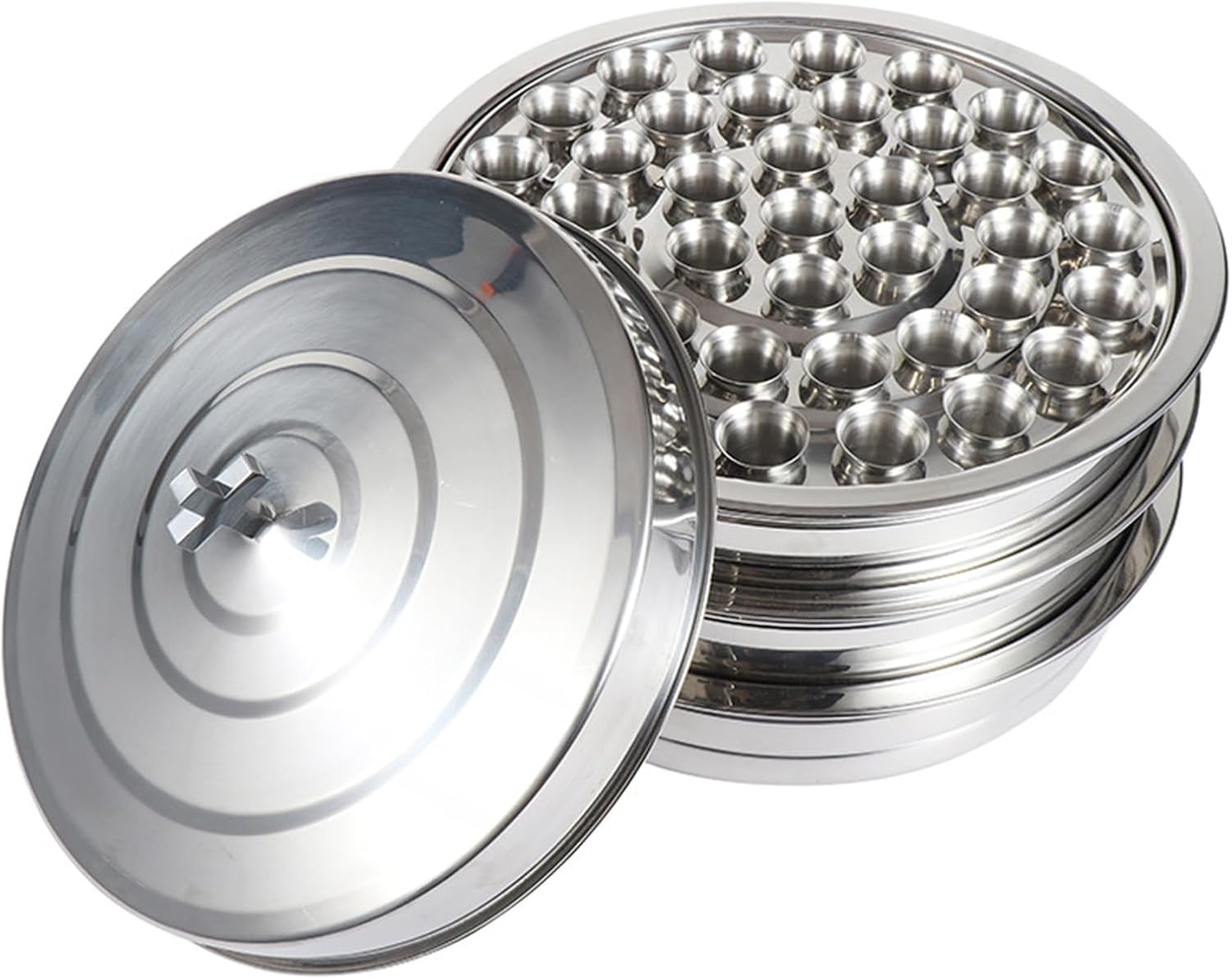 プロの聖体拝領セットステンレス鋼39ユニットトレイには、宗教儀式用のふたが含まれていますシルバーパントレイセット