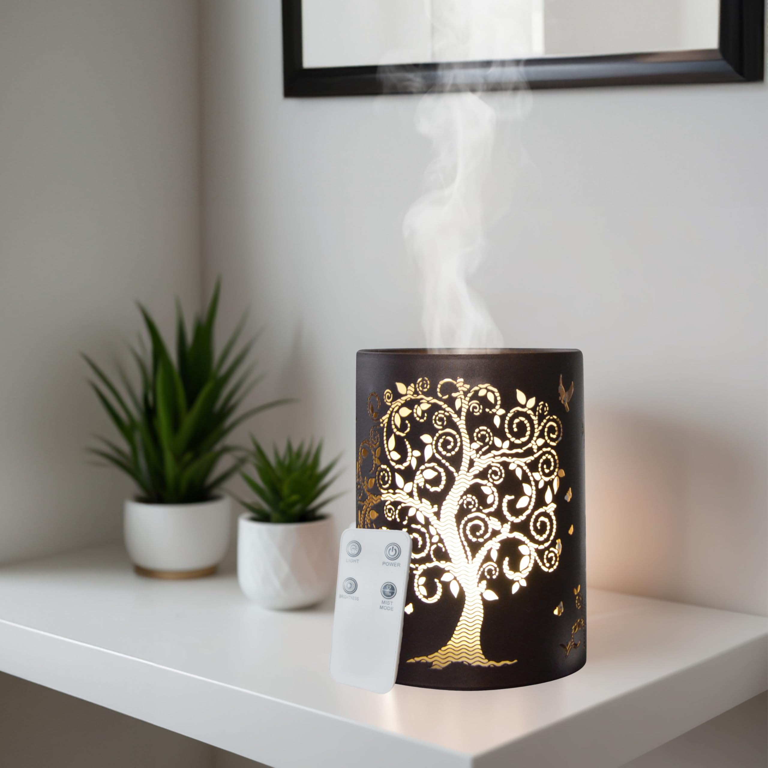 ZEN ARÔME Diffuseur d’Huile Essentielle Vita – Diffuseur Ultrasonique Aromathérapie à Froid - Diffuseur Électrique Parfum Maison avec Télécommande - Éclairage LED Effet Bougie – en Métal et Verre