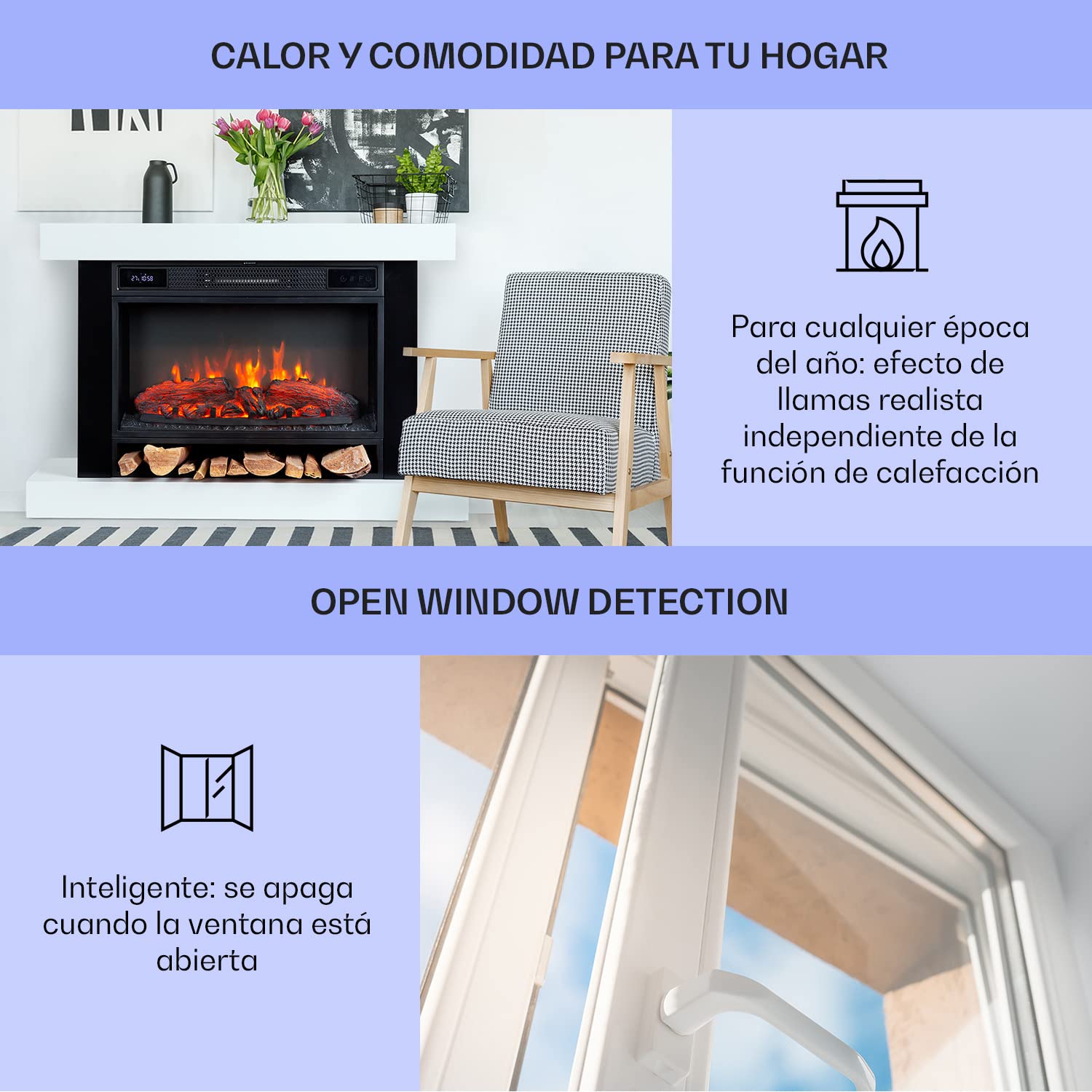 Klarstein Chimenea Electrica Pared, Llama LED con una Potencia de 1900W y Mando, Temporizador y Control Automático de Temperatura, Chimenea Interior Casa con Efecto Troncos, Estufas Interior