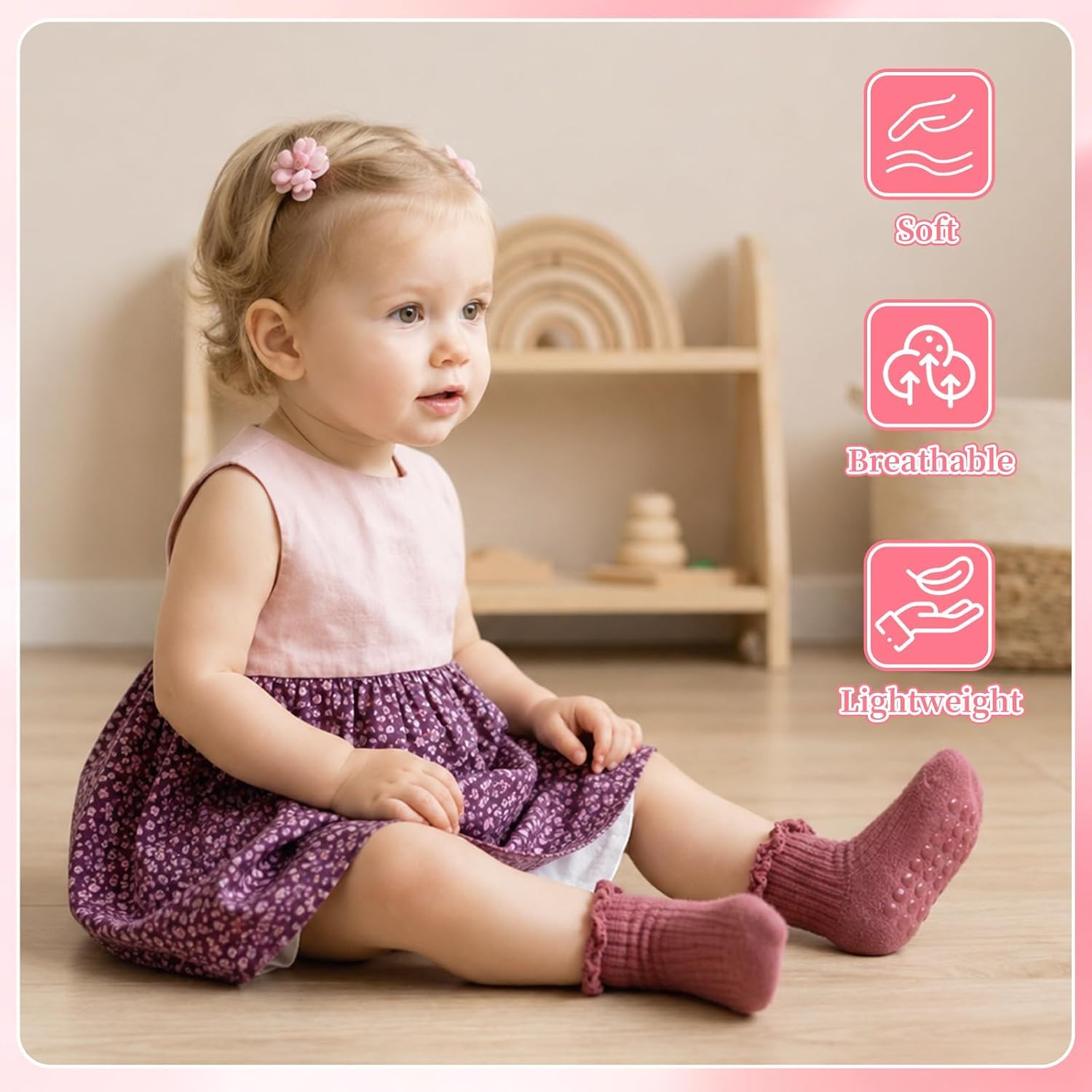 8 Pairs Baby Girl Grip Socks, White Toddler Socks with Ruffle Cuff, Non Slip Ankle Socks for Infant Toddler Girls