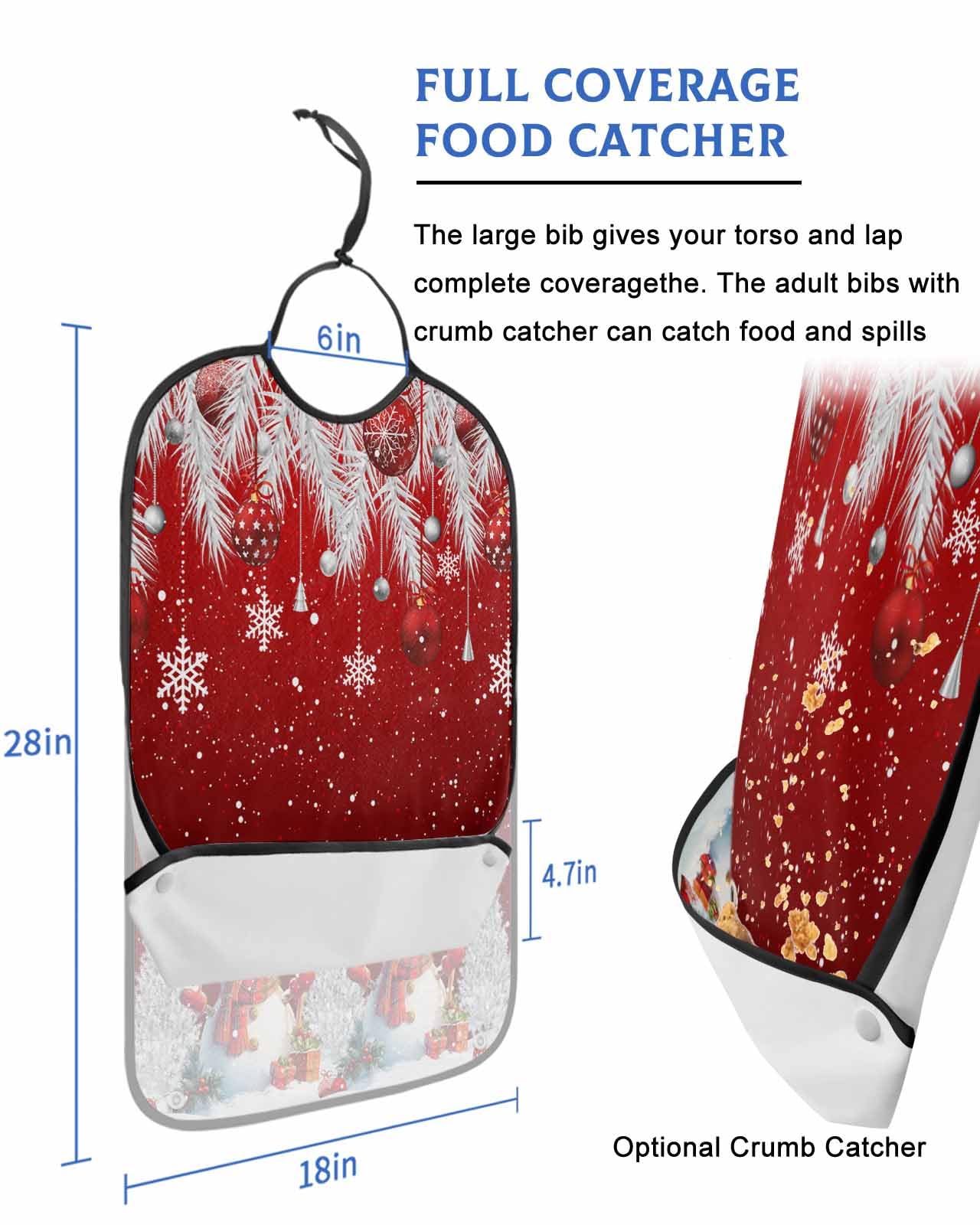 Christmas Red Adult Bib for Adults Men, Women, Snowman Xmas Tree Silver Pine Needle Balls Washable & Adjustable Terry Cloth Bib with Crumb Catcher Reusable Waterproof Clothing Clothes Protector Apron