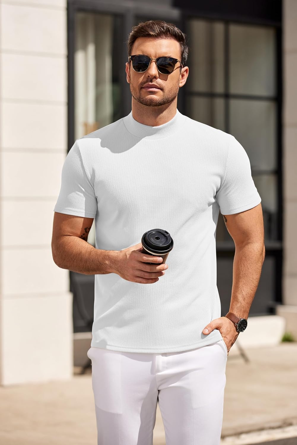 COOFANDY Mens Mock Turtleneck Sweater Short Sleeve Slim Fit Turtle Neck Sweaters Casual Basic Tee Ribbed Knit Pullover Tops - Image 3