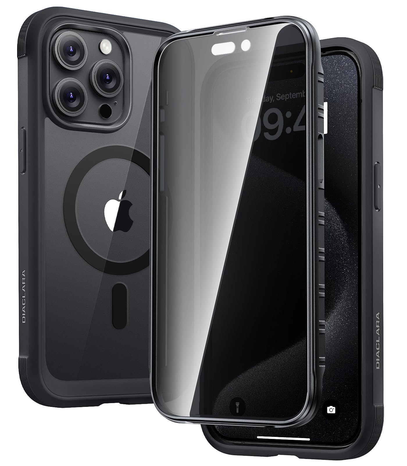Diaclara Magnetic Designed for iPhone 15 Pro Max Case Full Body Bumper, [Compatible with MagSafe] Military Drop Proof Cover with Built-in Privacy Screen Protector,Black