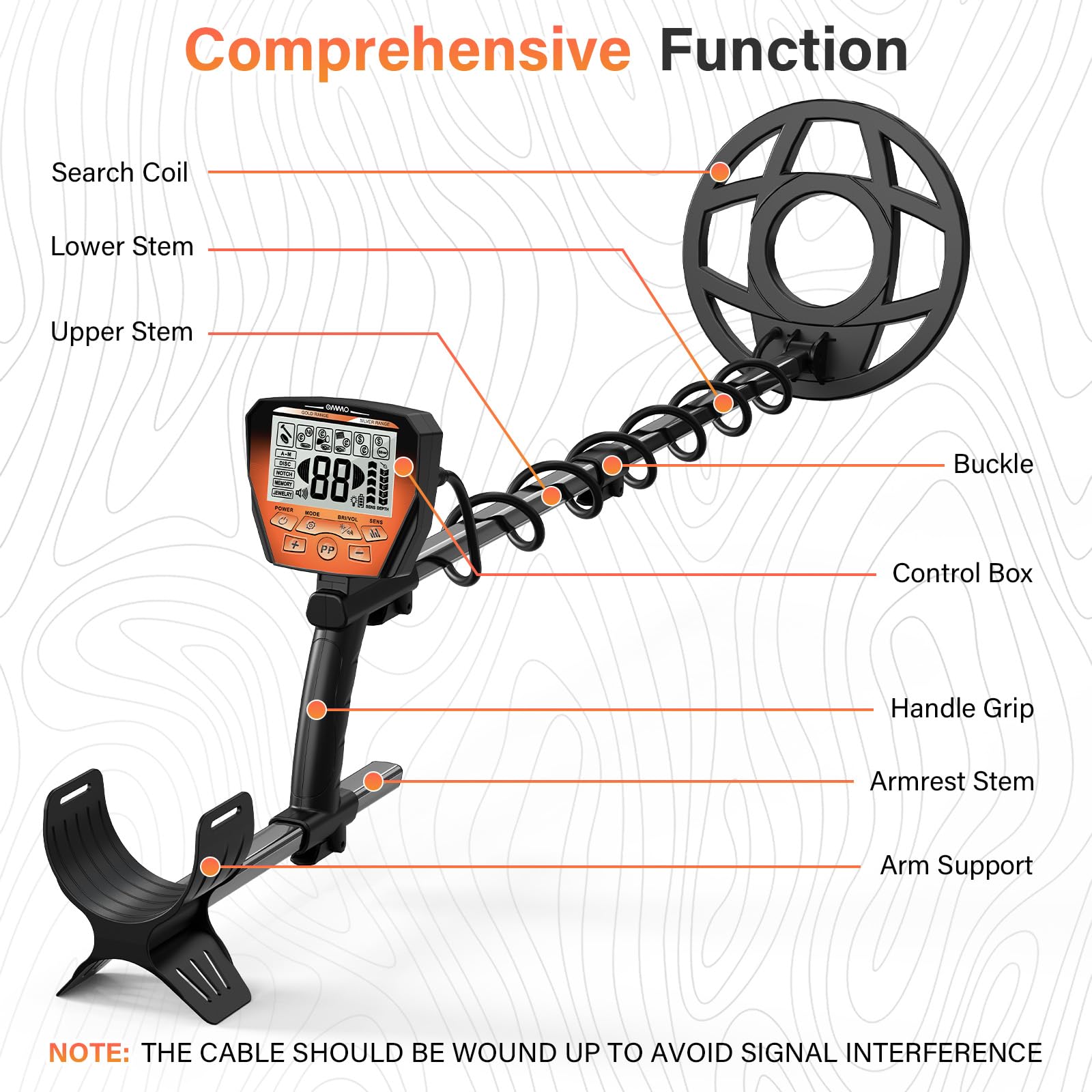 OMMO Détecteur de Métaux Professionnel pour Adultes, Orange | Rechargeable USB, 6 Modes, Haute Précision, IP68 Bobine Étanche avec Pelle