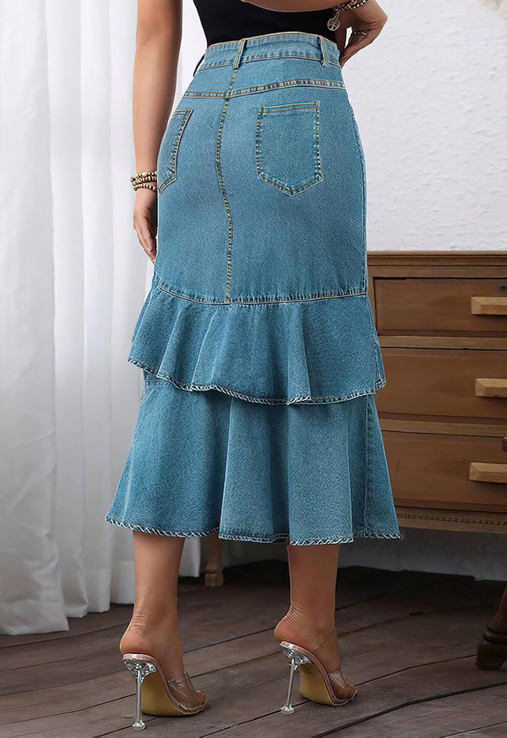 ebossy Women's Plus Size Ruffle Jean Skirts High Waist Fishtail Denim Maxi Skirts