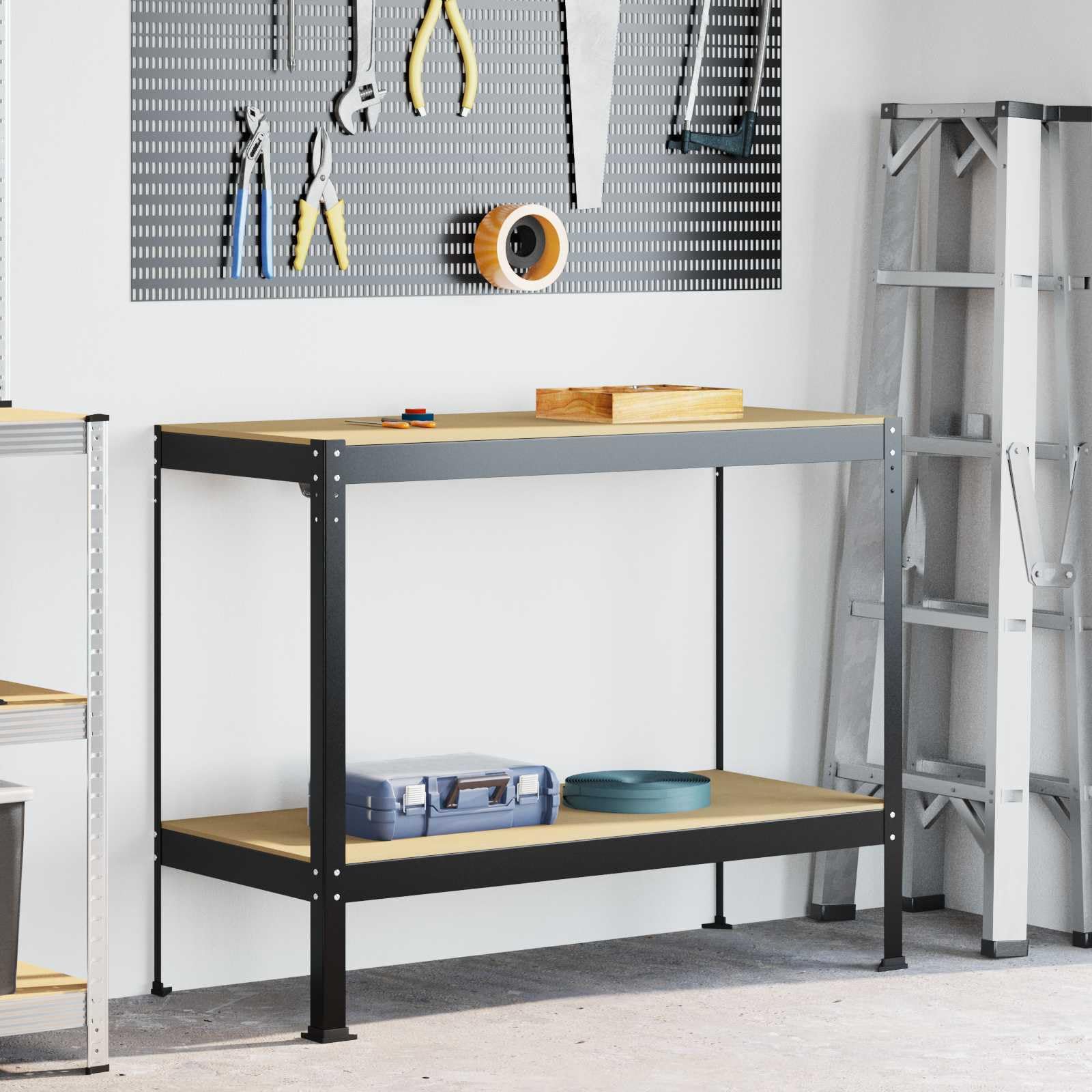 Banco de trabajo negro 115 x 55 x 91 cm de madera contrachapada y metal con pared perforada, cajón, superficie de trabajo regulable en altura, diseño robusto para taller, garaje, sótano