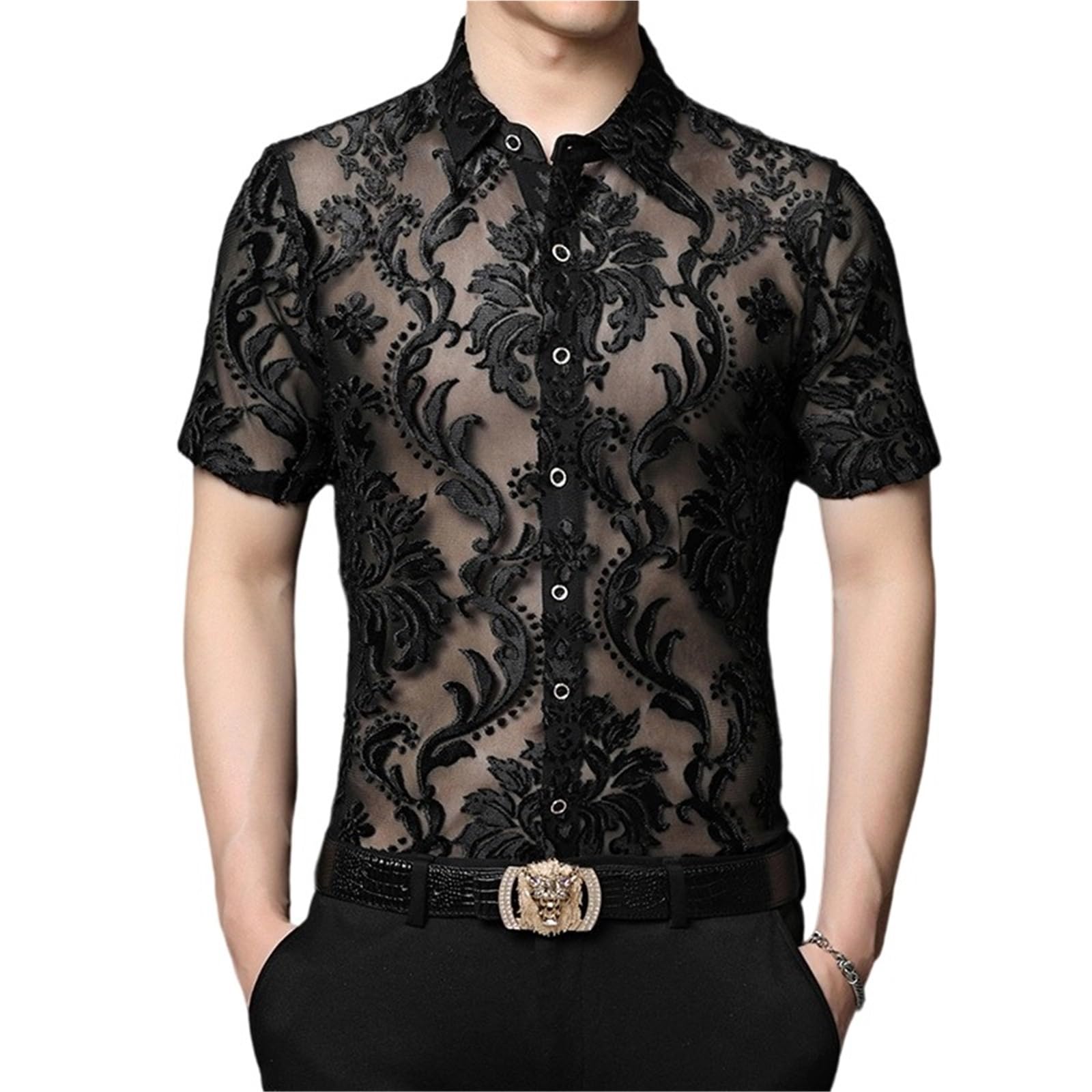 Sawmew Men's Black Mesh See-Through Sexy Short Sleeve Clubwear Fishnet Lace Shirts(,S)