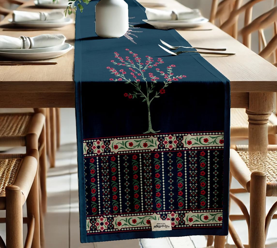 Boho Cotton Table Runner - Double Layer with Printed Floral Design - Machine Washable - Table Décor for Kitchen, Living & Events, 14" x 60"
