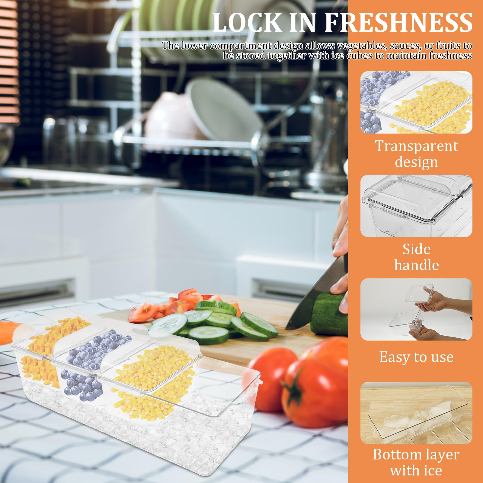 RVEFOT Ice Chilled Condiment Server with 4 Removable Containers,Chilled Caddy with Lids, Condiment Tray with Clip & Fork, Clear Garnish Serving Platter for Fruit, Salad, Food, Bar Accessories