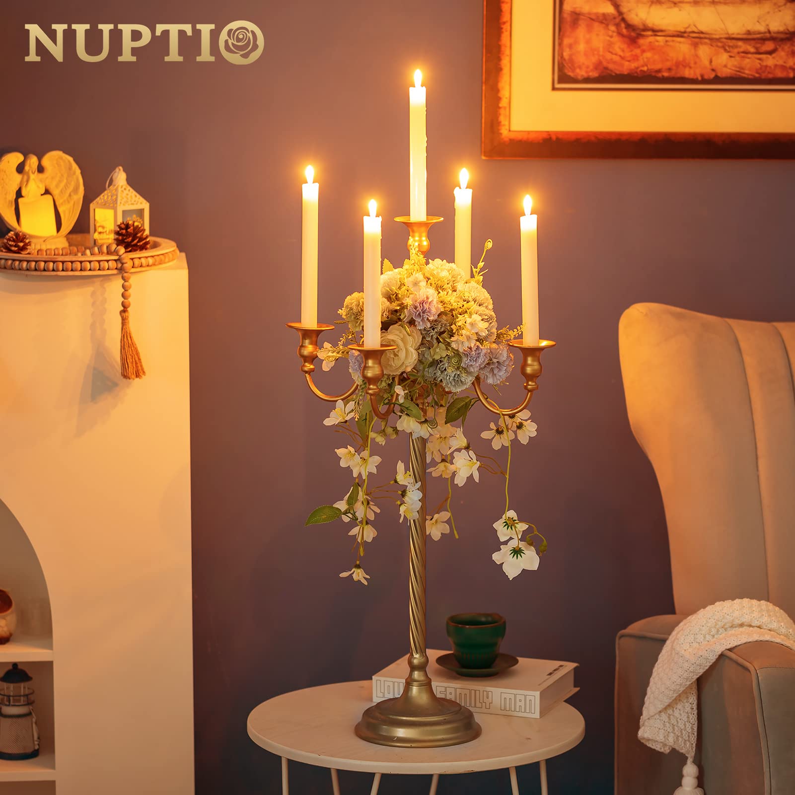 Nuptio Oro Candelabros Centros de Mesa 5 Velas: 71cm Conjunto de 2 Candelabros de Pie Titular de Alto, Metal Candelabro Titular La Vela Retro para El Hogar de La Boda Navidad Halloween Aniversario