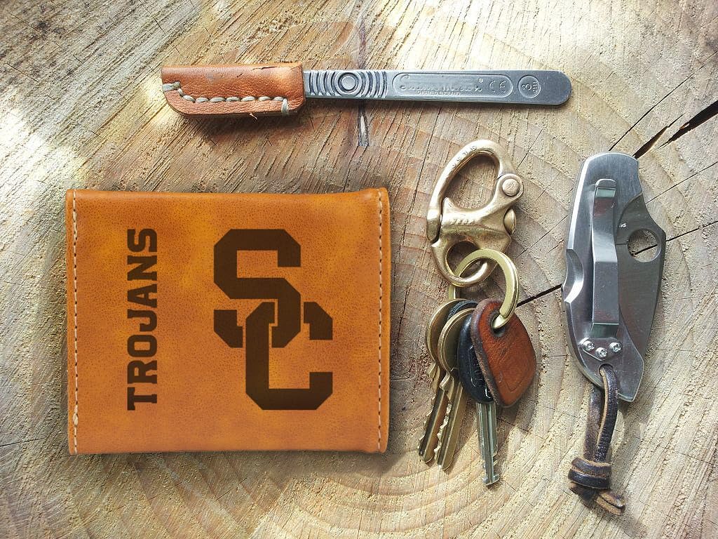 Rico Industries NCAA USC Trojans Trifold Wallet, Brown - Laser Engraved Vegan Leather, 6 Card Slots, ID Window