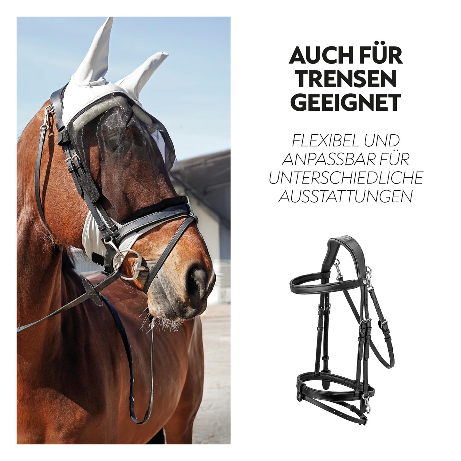 SUNRIDE Fliegenmaske mit Halfter (Dubai) für Pferde - für Trensen geeignet - mit UV-Schutz - Fellrand über den Augen - atmungsaktiv, weich, elastisch, waschbar - grau (Cob)