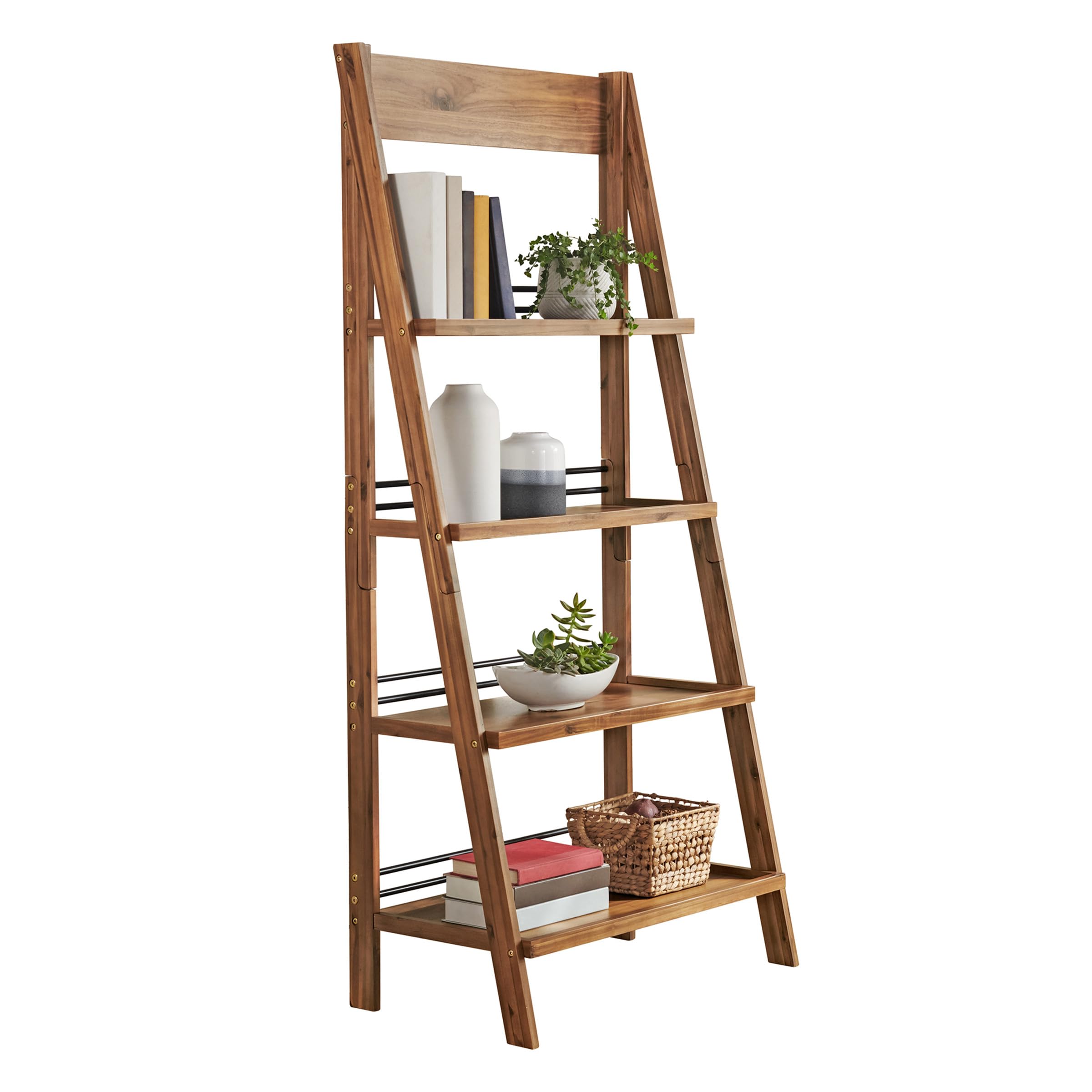 4-Tier Ladder Bookshelf - Freestanding Bookcase with Bar Back Frame - Shelves for Living Room, Kitchen, Bedroom, and Office by Lavish Home (Walnut)