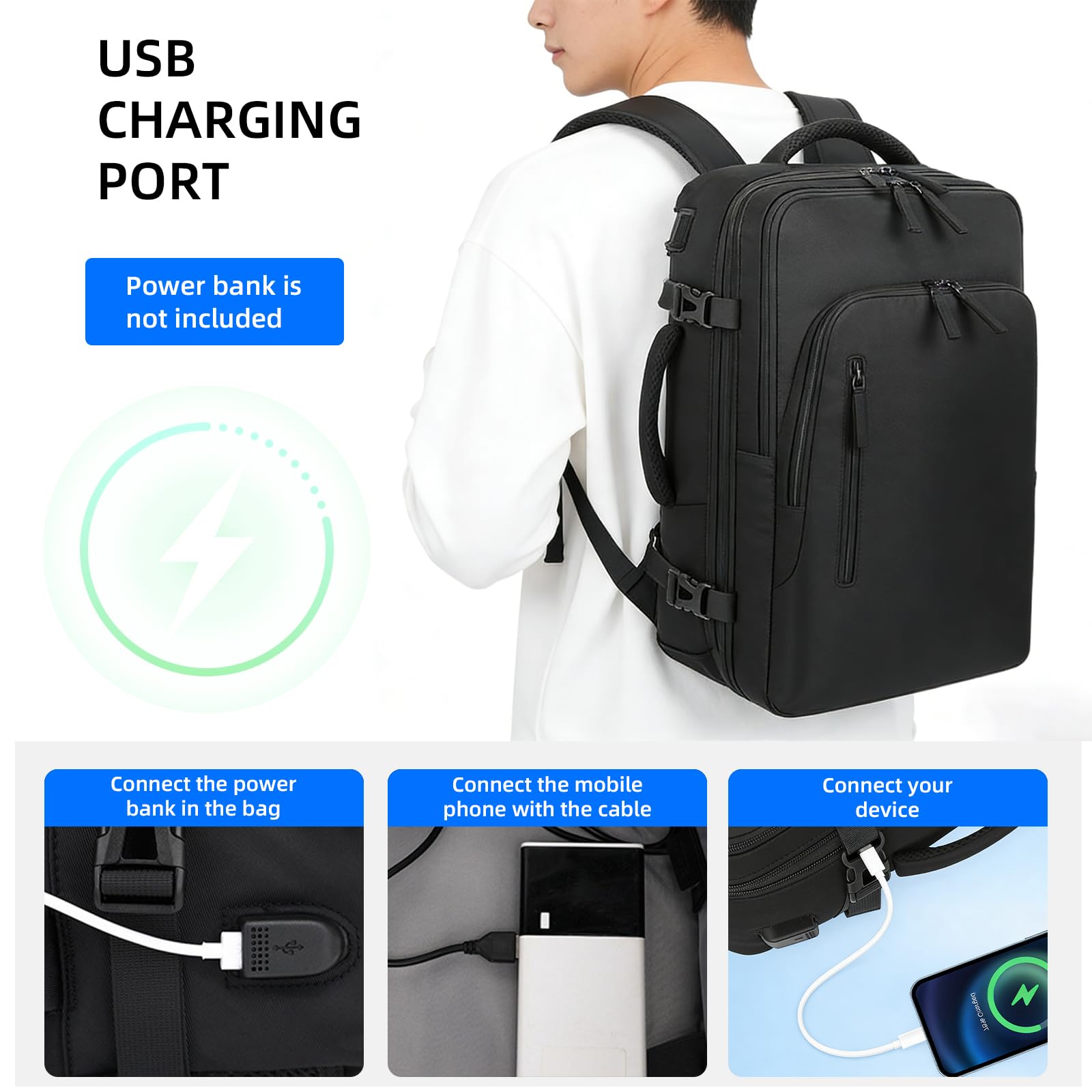AUMTISC Zaino per computer portatile, 22 – 38 l, regolabile, grande capacità, borsa da viaggio per affari, laptop fino a 15,6 pollici
