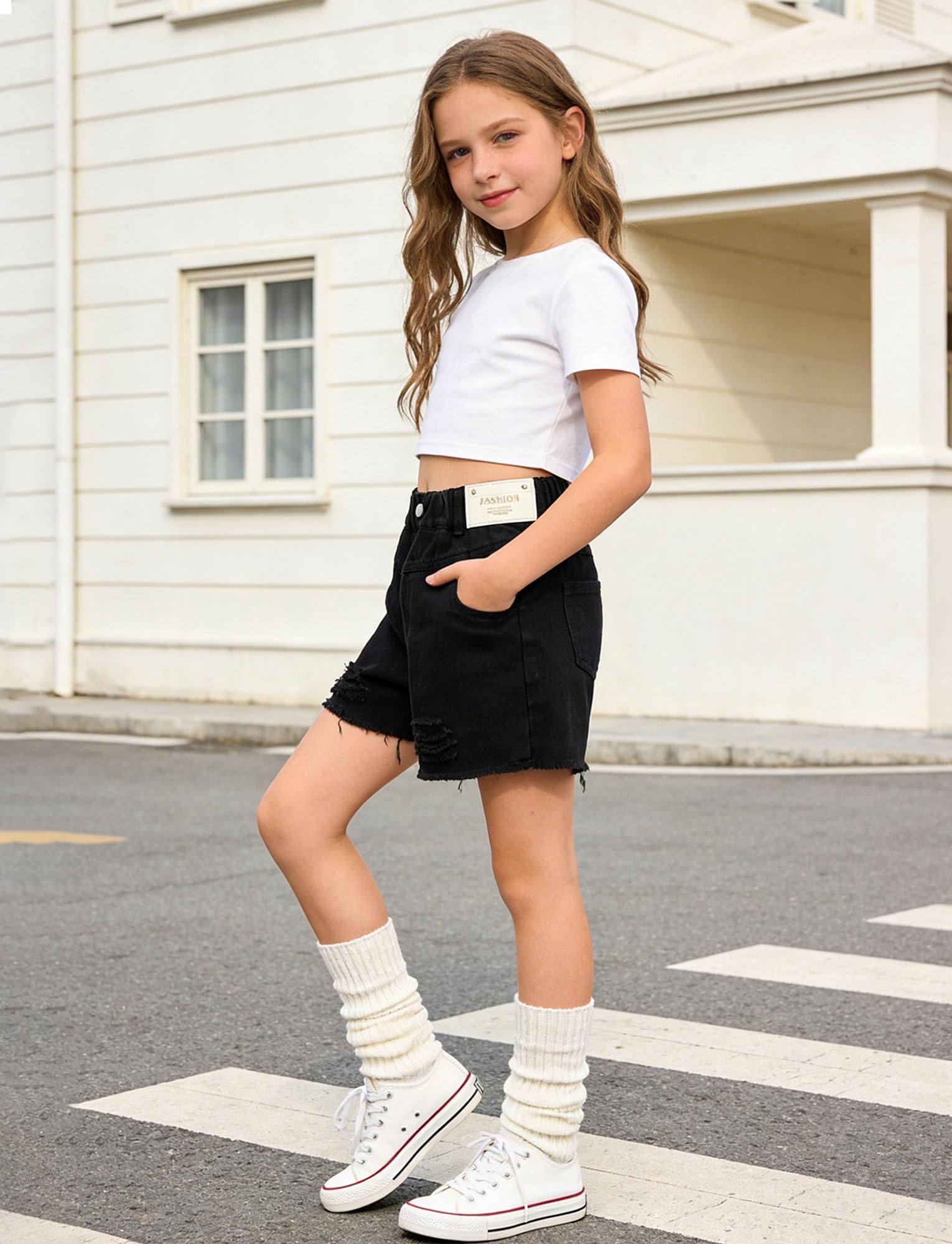 Happy Cherry Short en jean Y2K pour filles - Style décontracté - Avec poches - Pour l'été, la plage, les vacances - Taille élastique - Jambe large - 5-13 ans