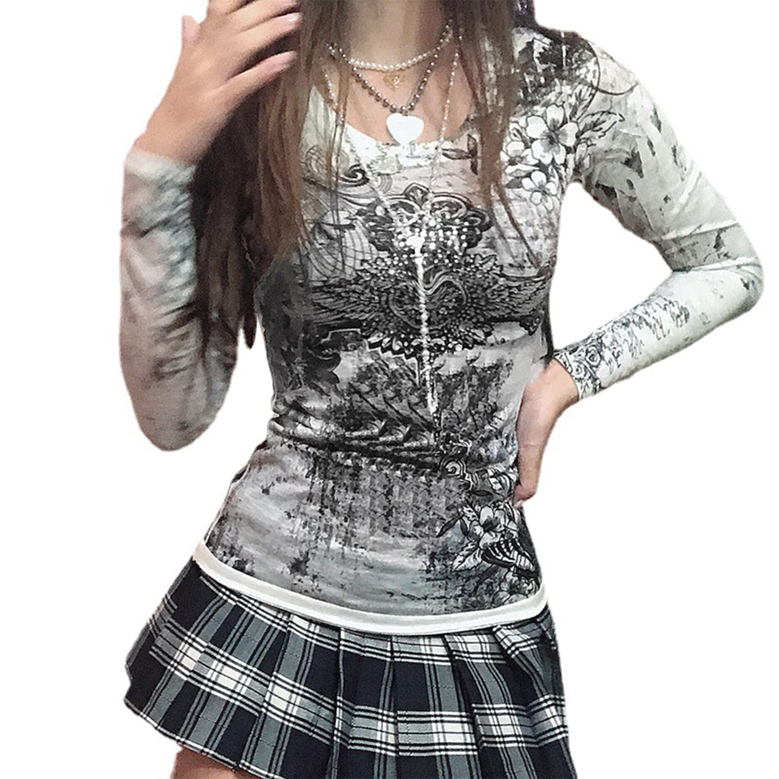 Feclmiyt Women Y2k Gothic T-Shirts Vintage Grunge Round Neck Long Sleeve Slim Fit Sweatshirts Punk Blouses Streetwear (H-01, S)
