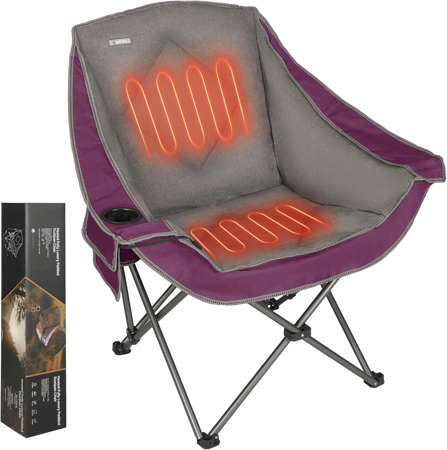 Comfortable Oversized Heated Camping Chair with Cup Holder – Purple