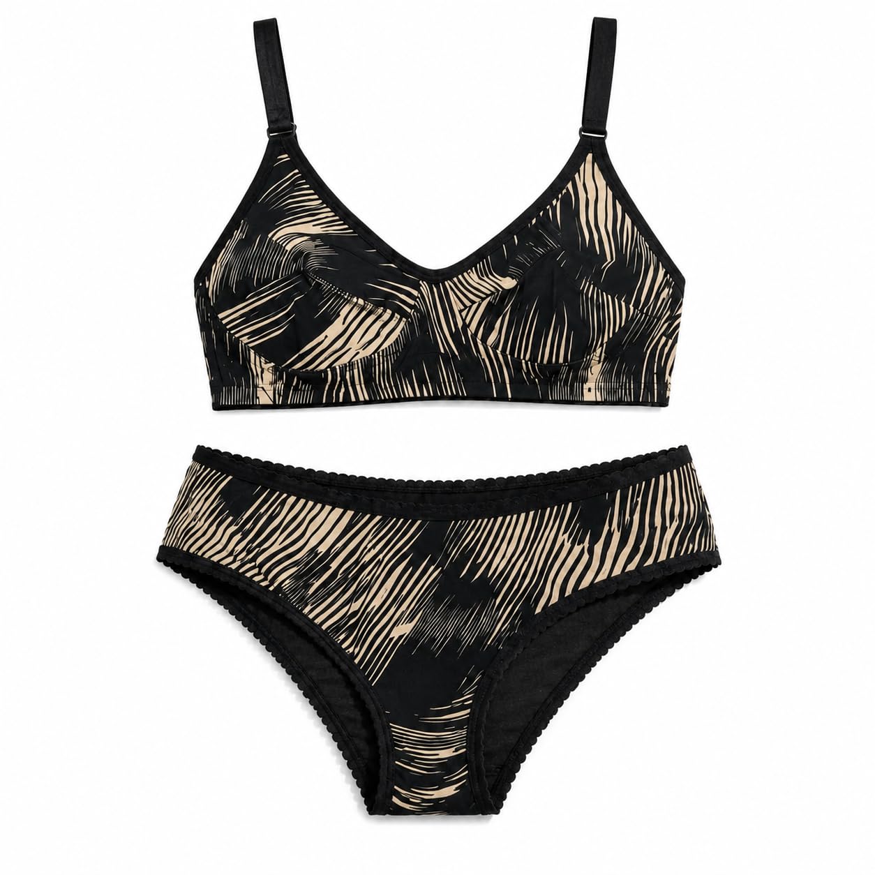 Women’s Non-Padded Wire-Free Cotton Bra & Bikini Panty Lingerie Set Black Abstract Print-picture-27