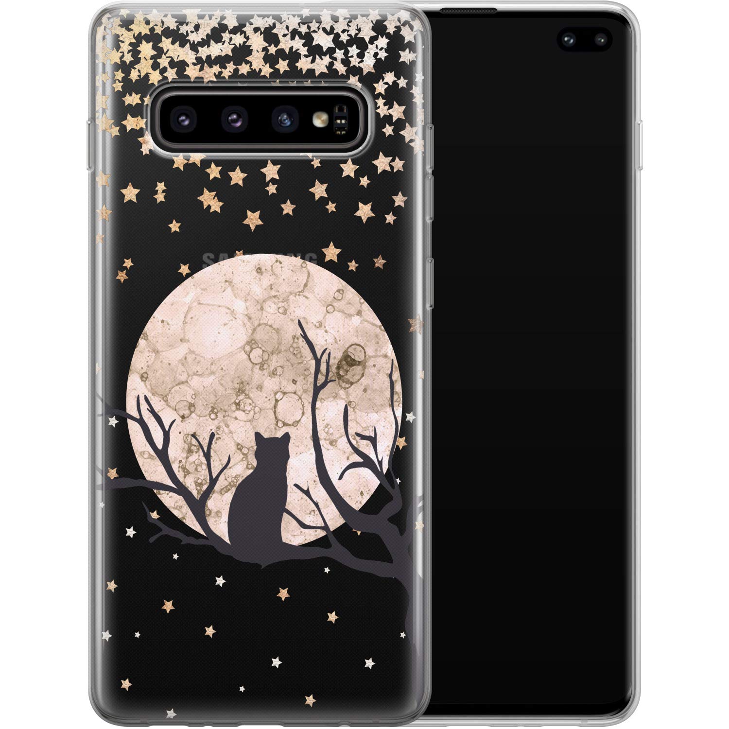 Vonna Phone Case Replacement for Samsung S23 S22 S21 FE Ultra S20 Plus S10e Note 20 5G S9 Girls Cat Kawaii Cover Kitten Teen Silicone Soft Black Animal MoonPrint Design Flexible Cute Kids a024