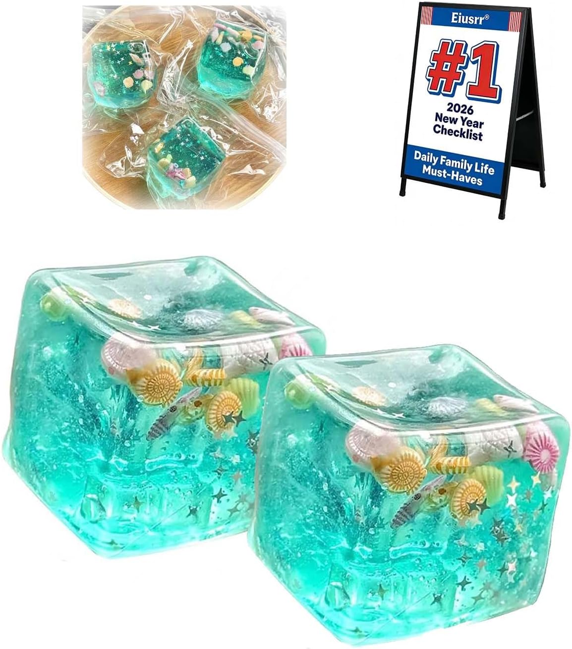 Ice Cube Stress Balls - Marine Shells Squishy Toy Set, Soft Slow Rise Sensory Fidget Toys for Anxiety Relief, Stretchy Squeeze Balls for Adults, Portable Cute Funky Gel Filled Mini Ball(2pcs)