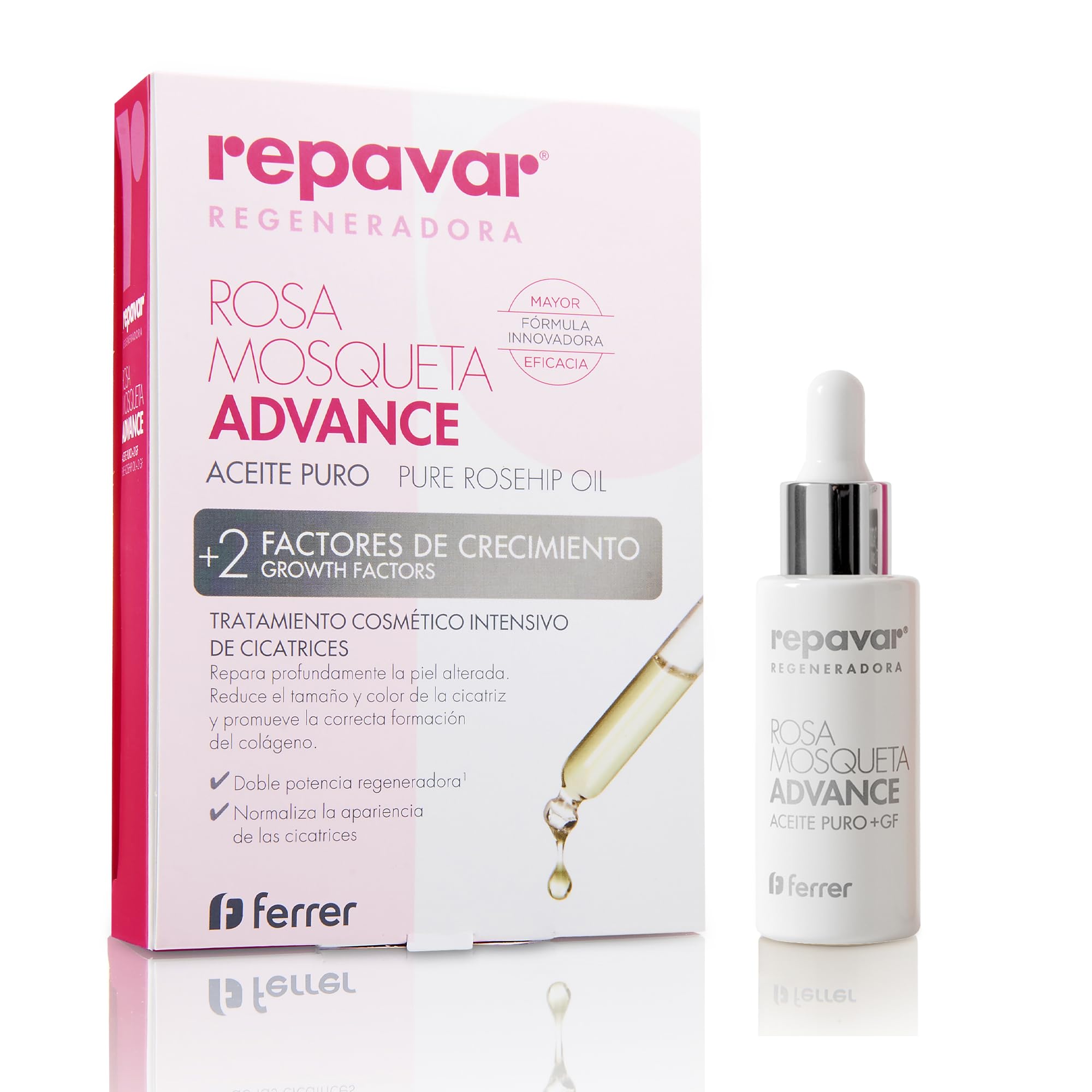 Repavar - Aceite Puro de Rosa Mosqueta - Con 2 Factores de Crecimiento - Tratamiento Cosmético Intensivo con Doble Potencia Reparadora - Formato Cuentagotas - 15 ml