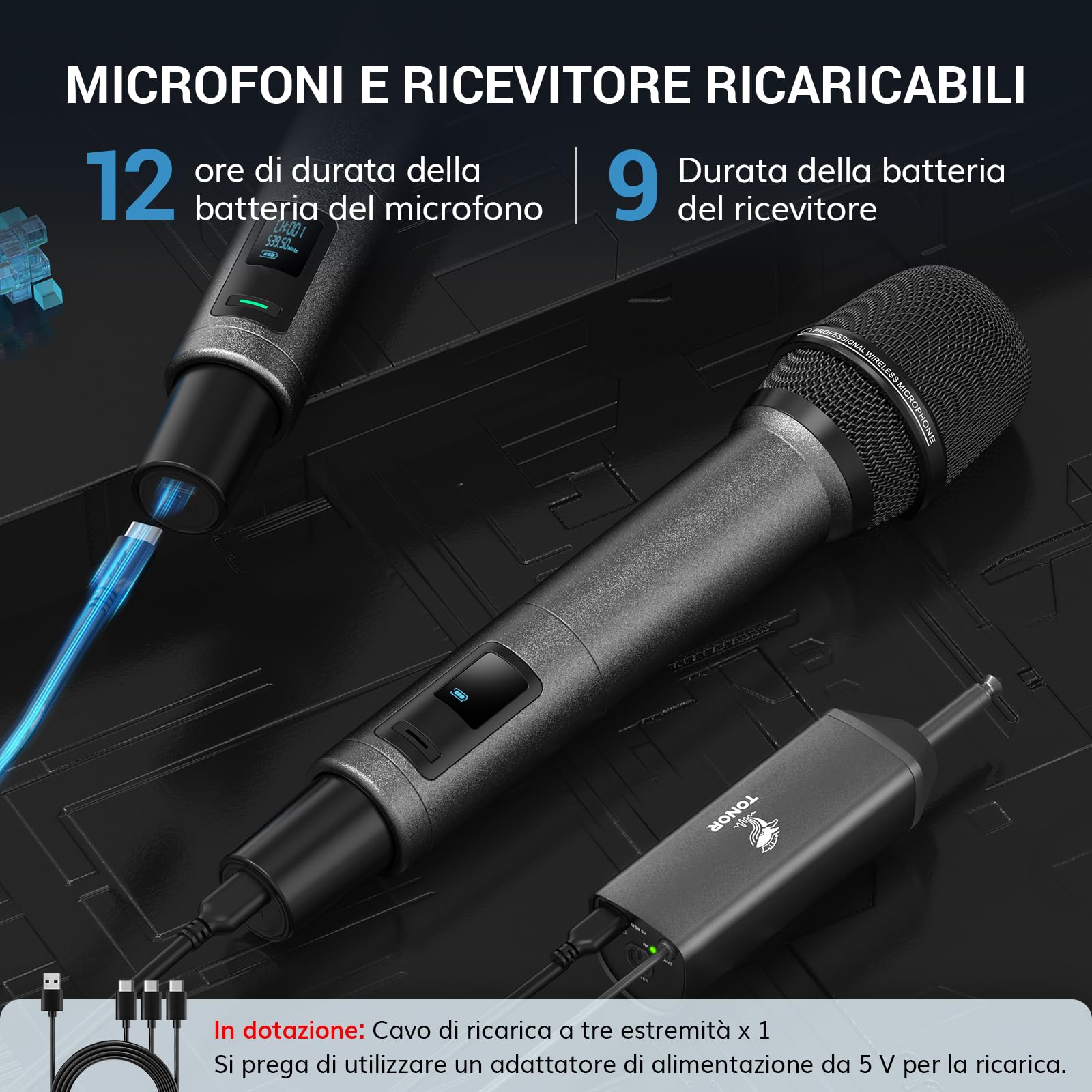 TONOR Microfono Wireless, Microfono Ricaricabile Professionale, Microfono Dinamico Cordless in Metallo 2x100 UHF per Karaoke, Chiesa, Canto, Matrimonio, Riunione, DJ, Volume Regolabile, 80 M,TW520