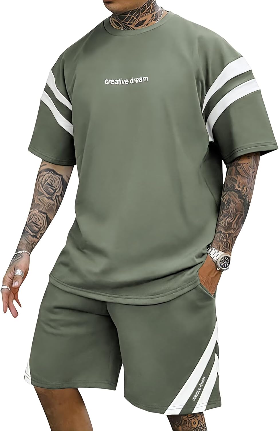 Mens Short Sets 2 Piece Outfits Summer Tracksuit Striped T Shirts and Pants Set Shorts Sleeve Sweatsuit