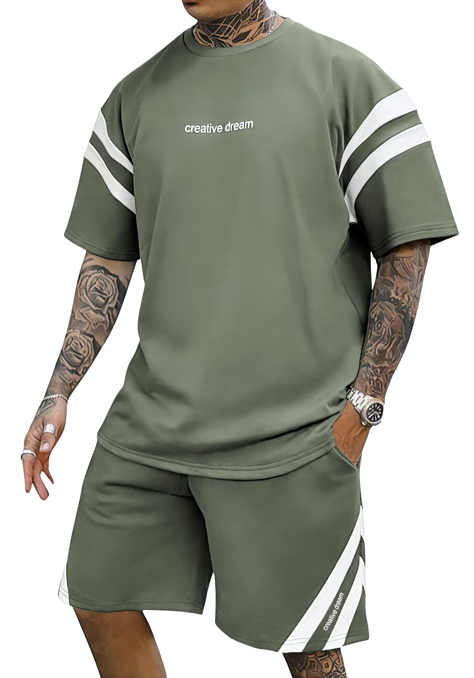 Remxi Herren Trainingsanzug Set Sommer Shorts 2 teiliges Set für Männer Gestreiftes T-Shirt Kurze Hose Jogginganzug Sportanzug Tracksuit