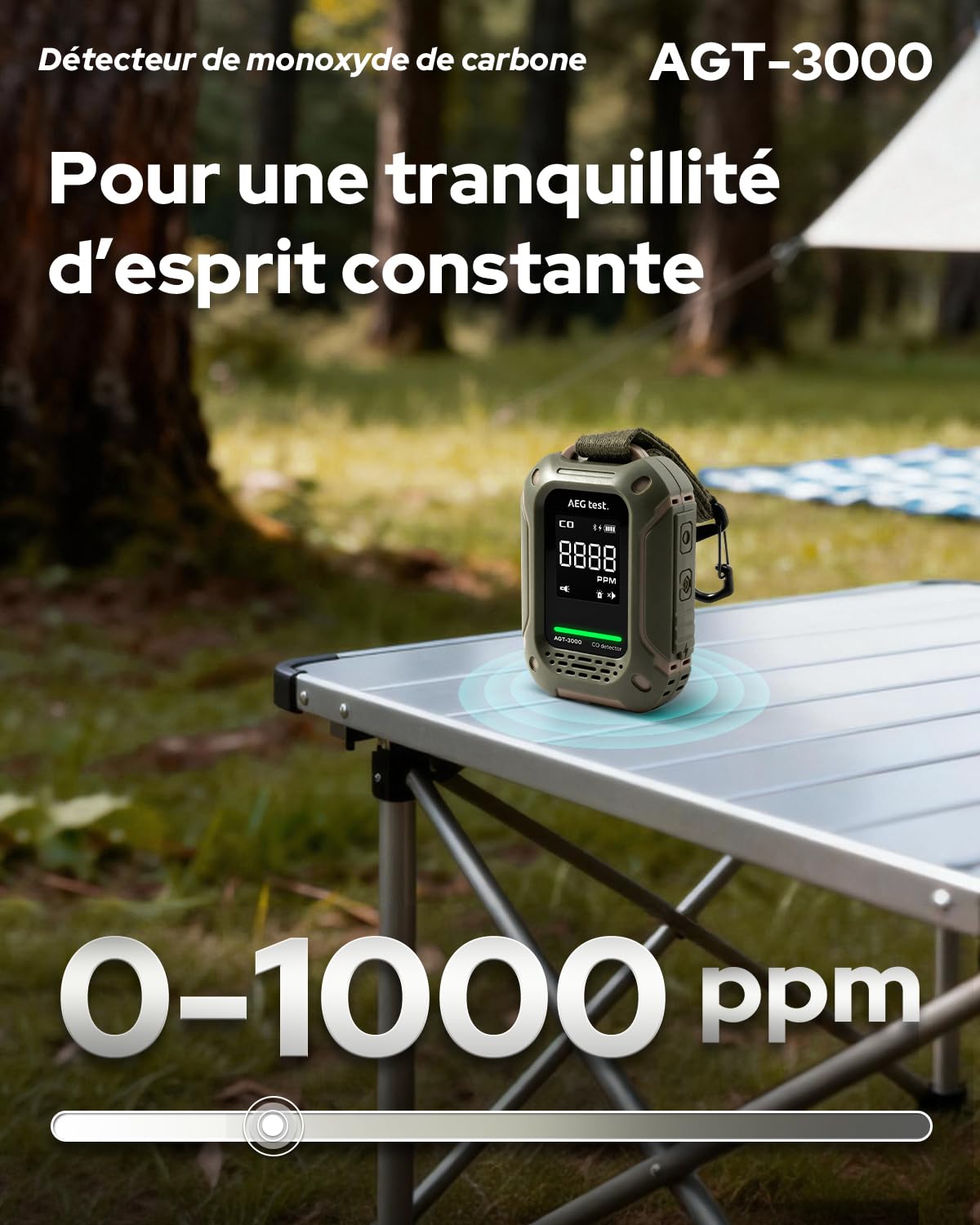 AGT-3000 Détecteur de monoxyde de Carbone Portable, Veille 240 h, capteur CO amélioré pour Voyage, détecteur CO Rechargeable avec alertes sonores et visuelles pour Camping, 0–1000 ppm