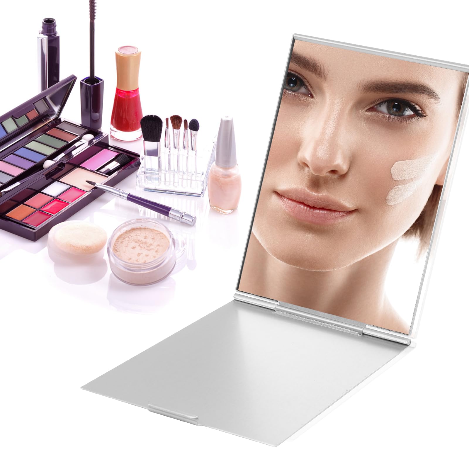 OSDUE Specchio Portatile Pieghevole, Specchi da Tavolo, Specchio per il Trucco Super HD Portatile, Specchio da Viaggio Pieghevole, Specchio Compatto e Tascabile Ideale, Specchio Piccolo, Argento