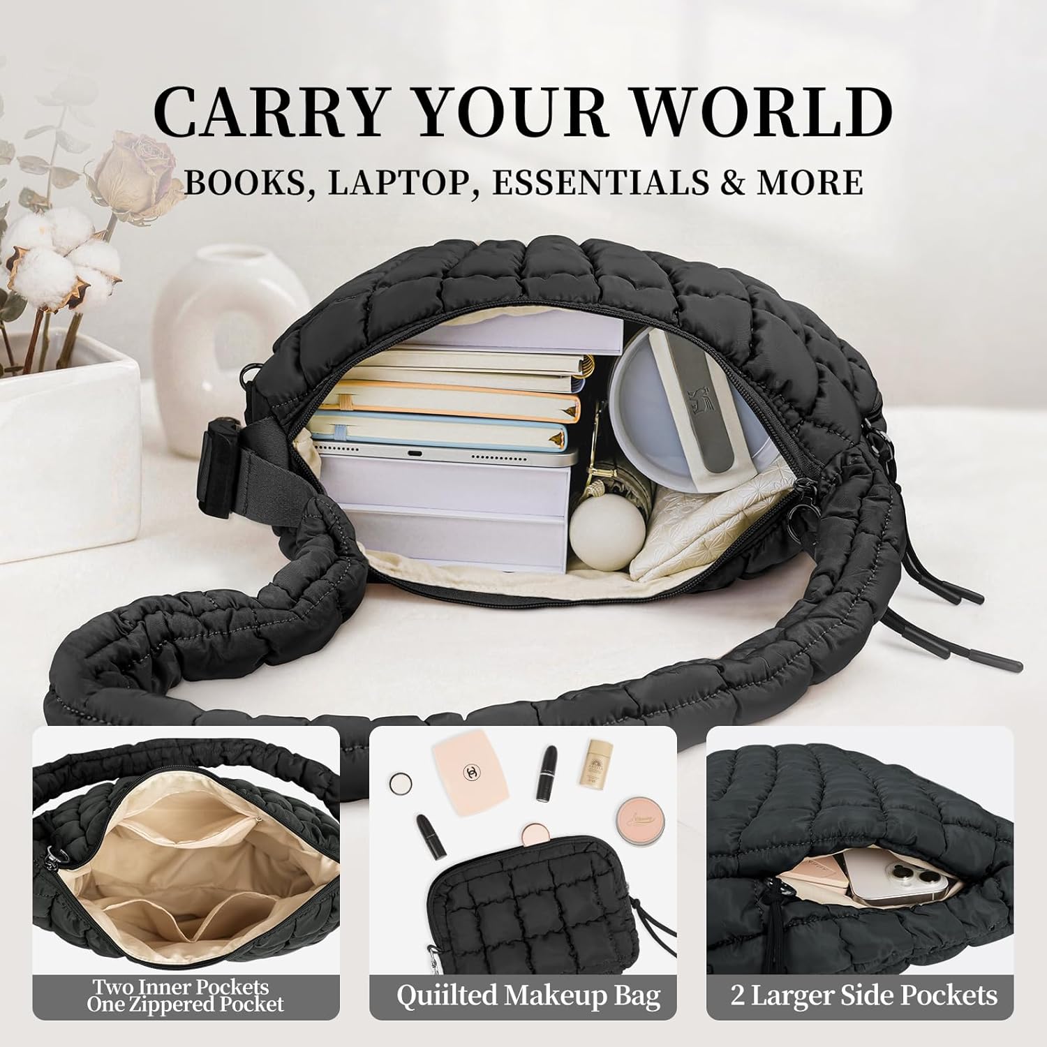 Puffer Tote Bag Quilted Carryall Bag Adjustable Shoulder Long Strap Puffy Hobo Crossbody Bag for Women with Detachable Pouch - Image 3