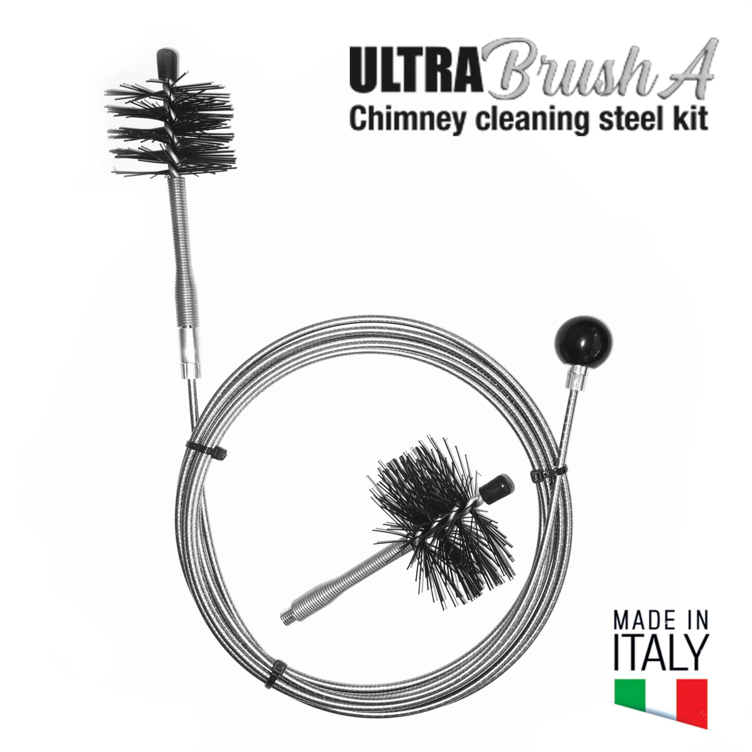 ULTRABrush A | Kit per la pulizia Canna Fumaria Stufa a pellet: 1 prolunga Inox plastificato da 6 metri, 2 spazzole in nylon high performance (80 e 100mm), e 1 pomolo per incrostazioni più compatte.