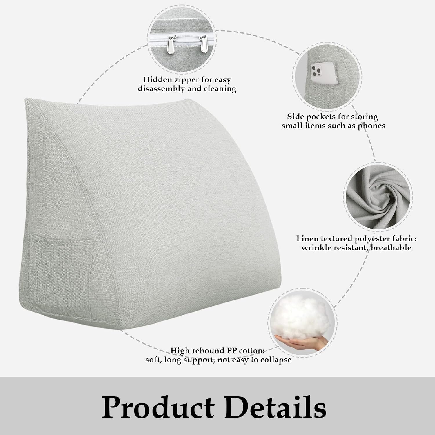 Wedge Headboard Pillow, Headboard Wedge Pillow for Bed Wedge Pillow, Reading Pillow, Head Board Backrest Soft Triangular Pillow with Removable Cover Side Pockets for Bed Dorm Sofa-White