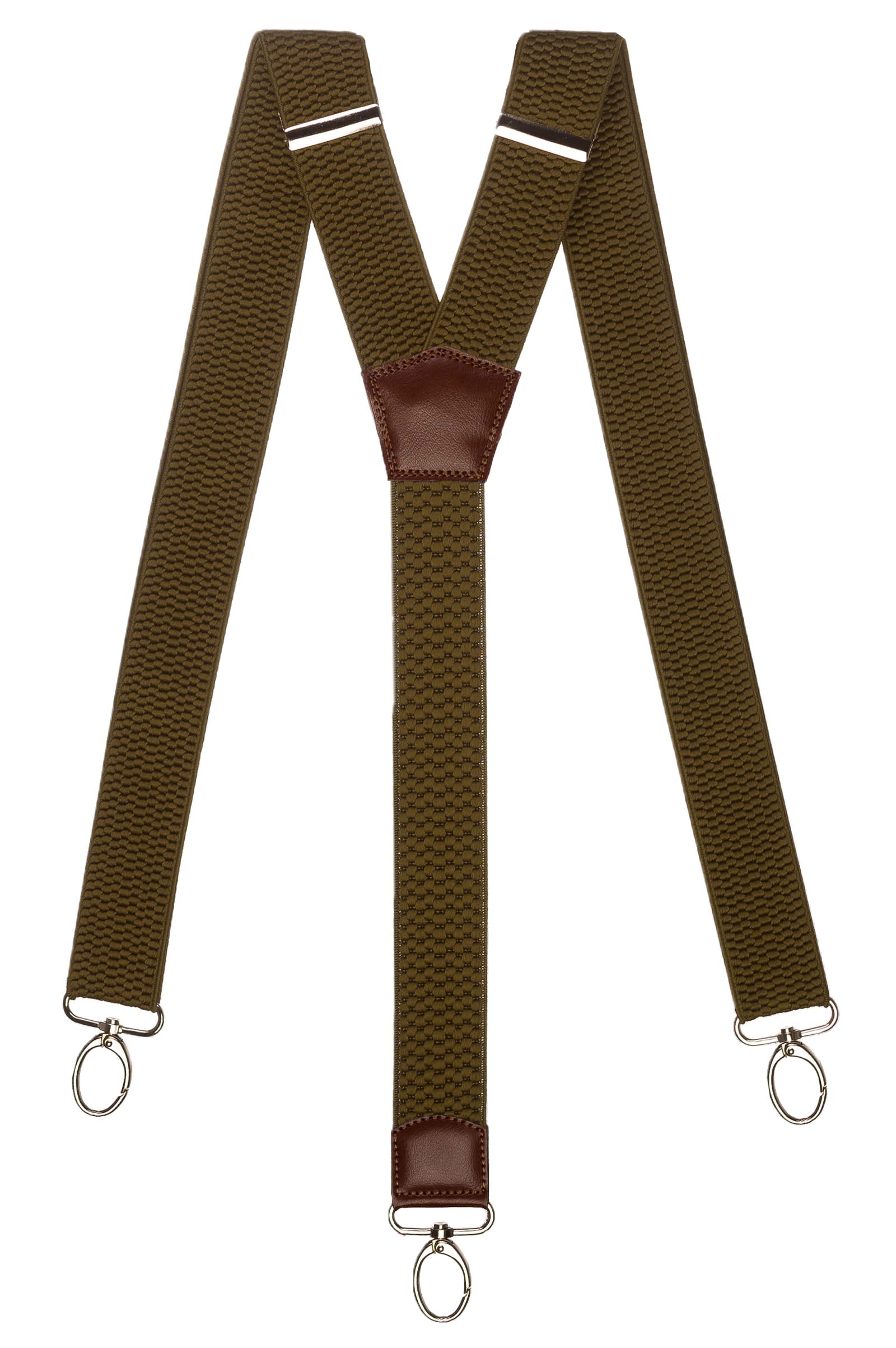Olata Heavy Duty Y-Shape Wide Braces/Suspenders with Brown Leather and Carabiner Clips - 4cm. Olive Green