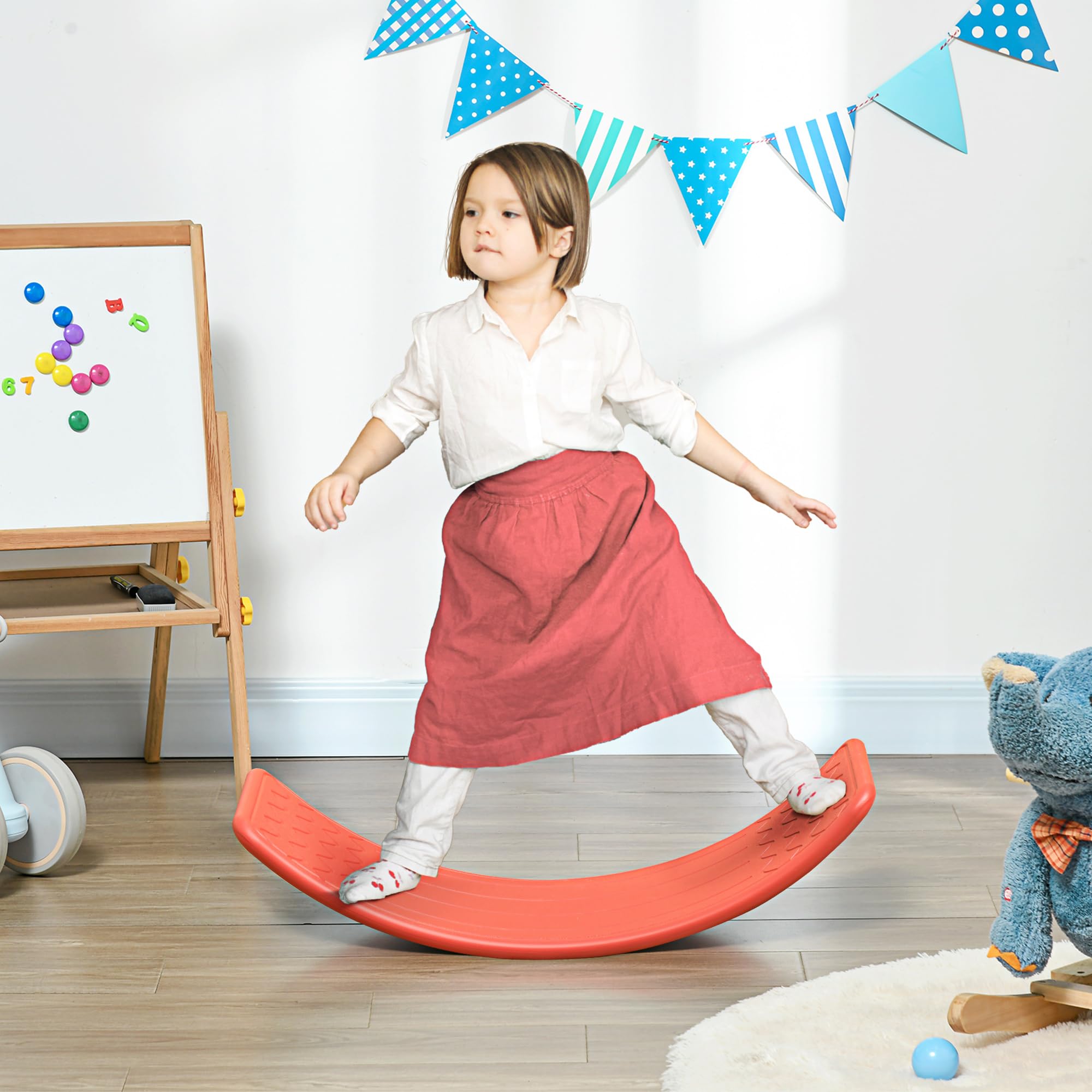 ZONEKIZ Balance Board Kinder Wackelbrett, Trittstein, Montessori Spielzeug für Kinder, Kinderzimmer Spielzeug, für Alter 3-6 Jahre, 82 x 27,5 x 19,5cm - Rot